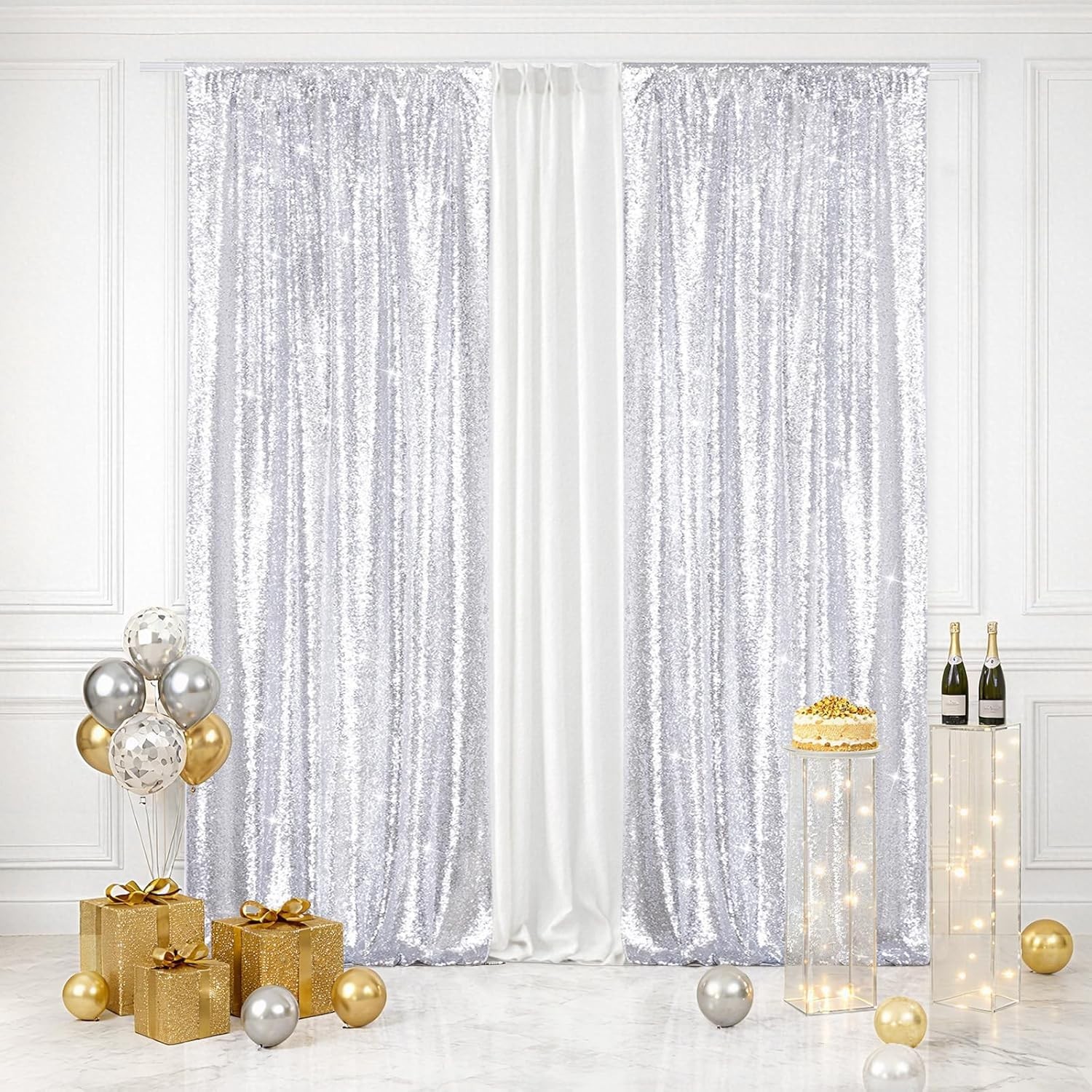 Shiny Sequin Backdrops 2 Panels Silver 2ft x 8ft Party Wedding Photography Decor