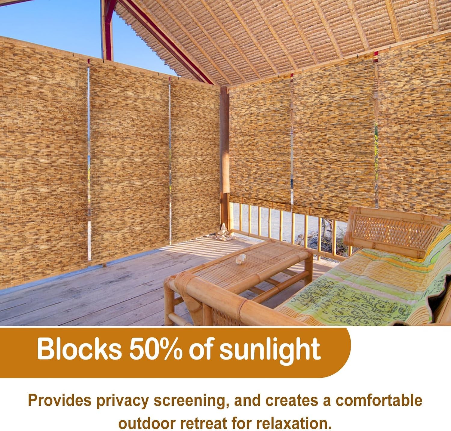 3 Pcs Bamboo Shades Outdoor Reed Roll Up Blinds 48″ W x 72″ H Blackout Sunshade