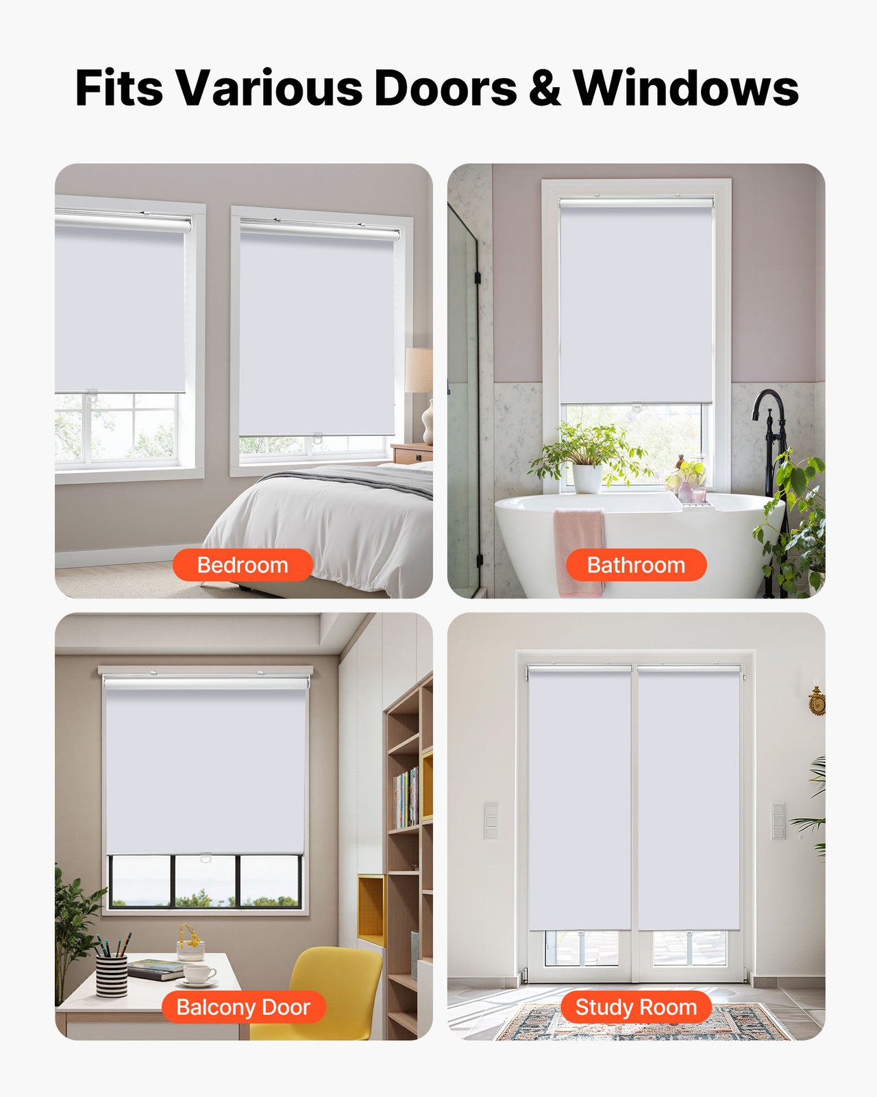 VEVOR Cordless Roller Shades Blackout Blinds 34 x 72 in for Windows Home Office