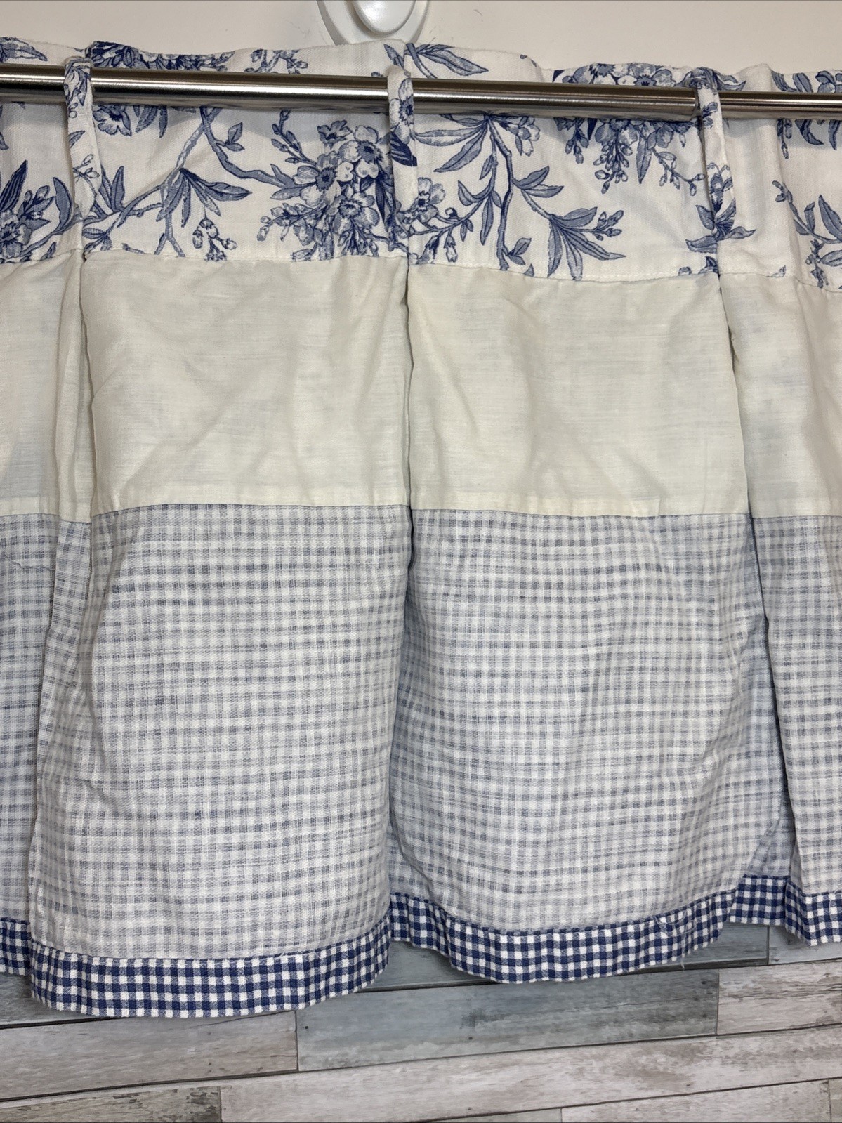 American Living Valance Blue & White Plaid FLORAL w/Button Detail 48”x 18” (#2)