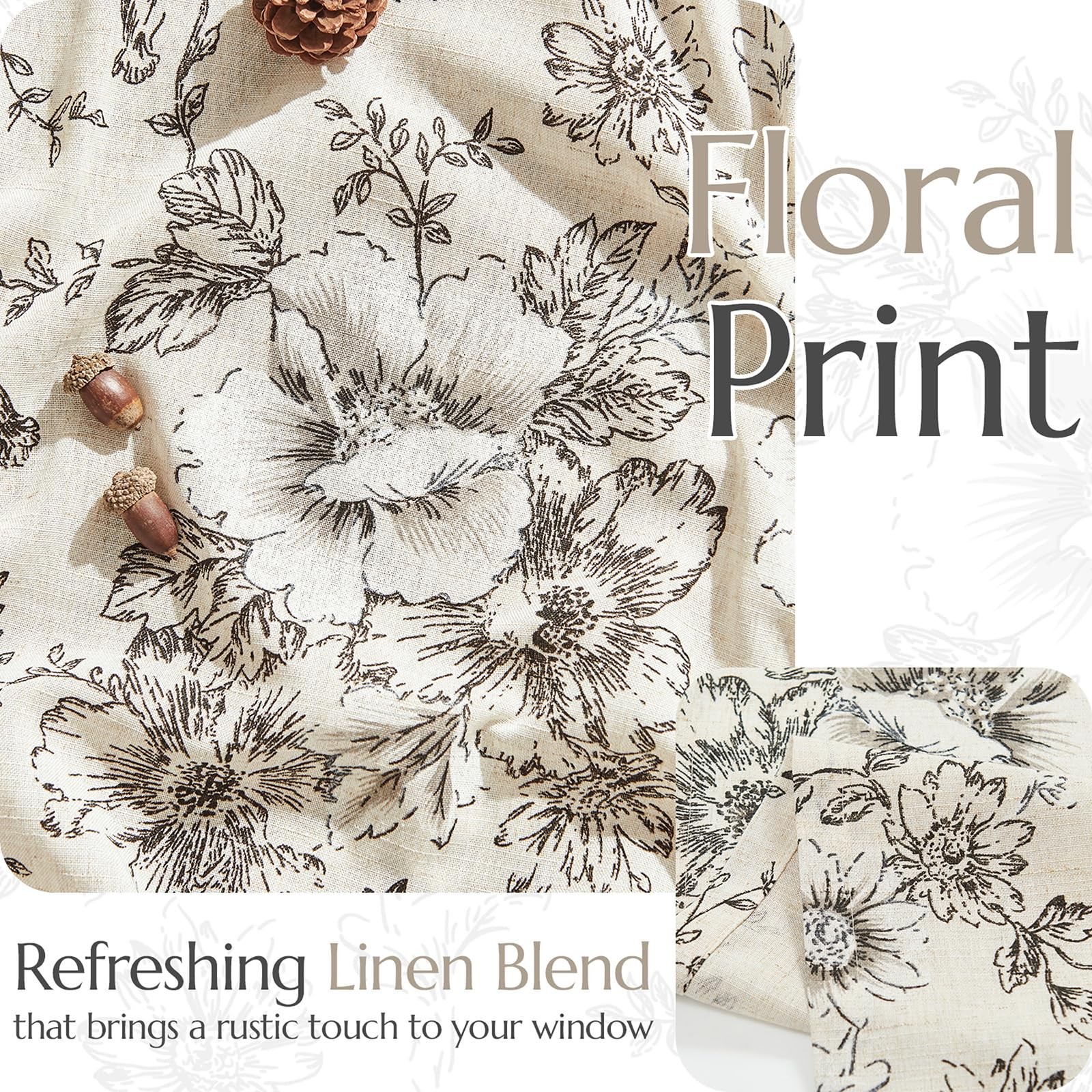 Linen Cafe Curtains 24 in Black Floral Farmhouse Tier 2 Panels