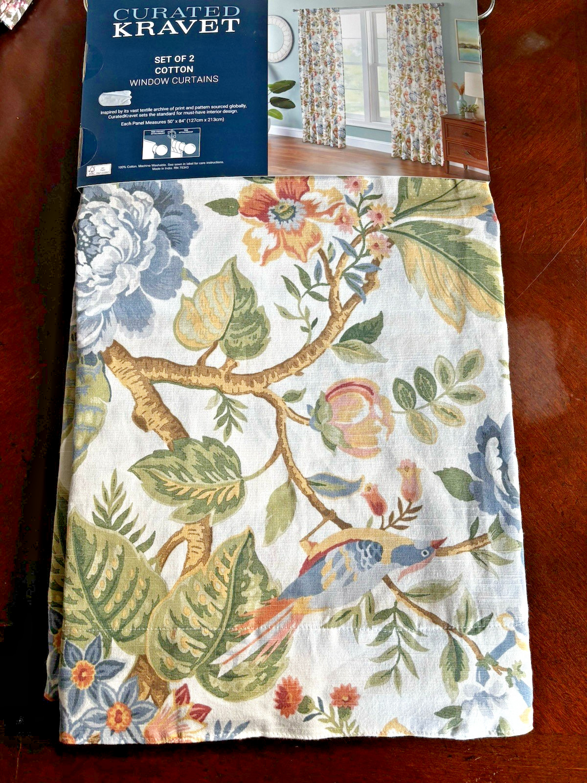 NWT Curated Kravet 2 pc Window Curtains Jacobean Floral Birds Cotton 50″ x 84″
