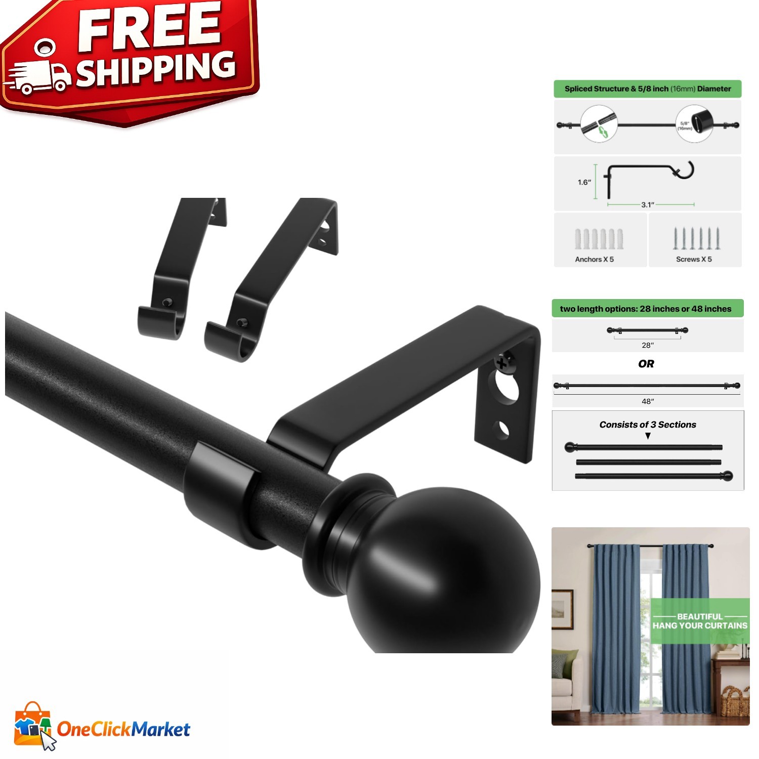 Sleek Black Curtain Rod Set, Adjustable 28-48 Inches – Easy Install Design