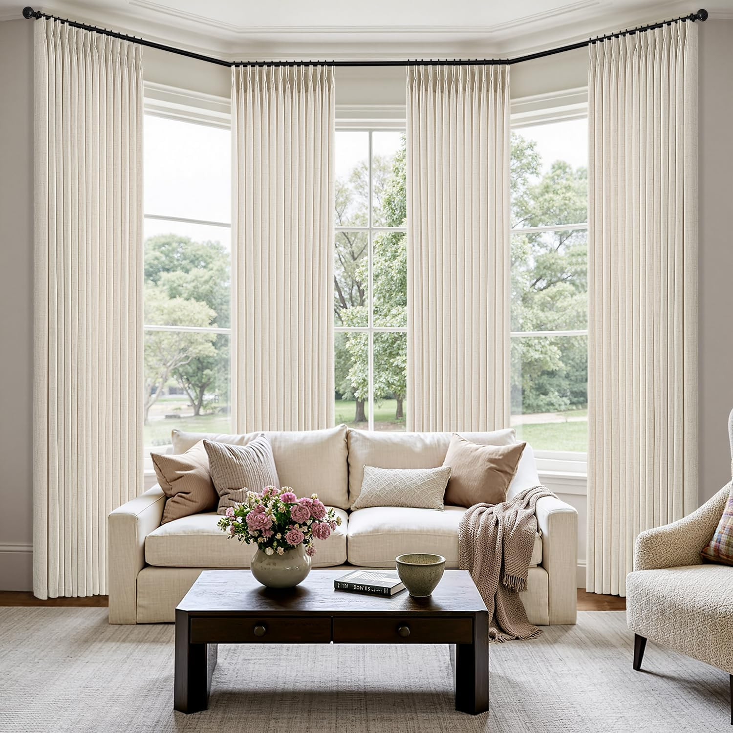 Pinch Pleated Thick Linen Curtains 90 Inches 4 Panels Set Ivory Cream Back Tab M
