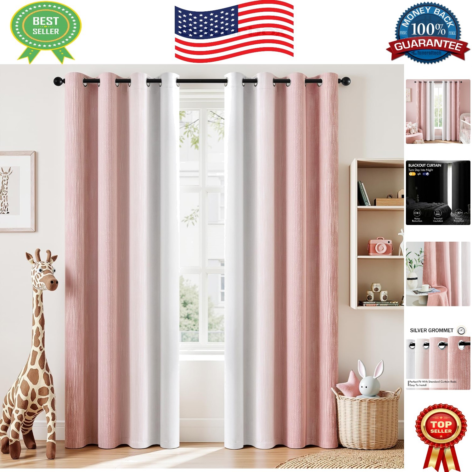 Luxurious Pink and Grey Ombre 100% Blackout Curtains – Noise Reduction, Set of 2