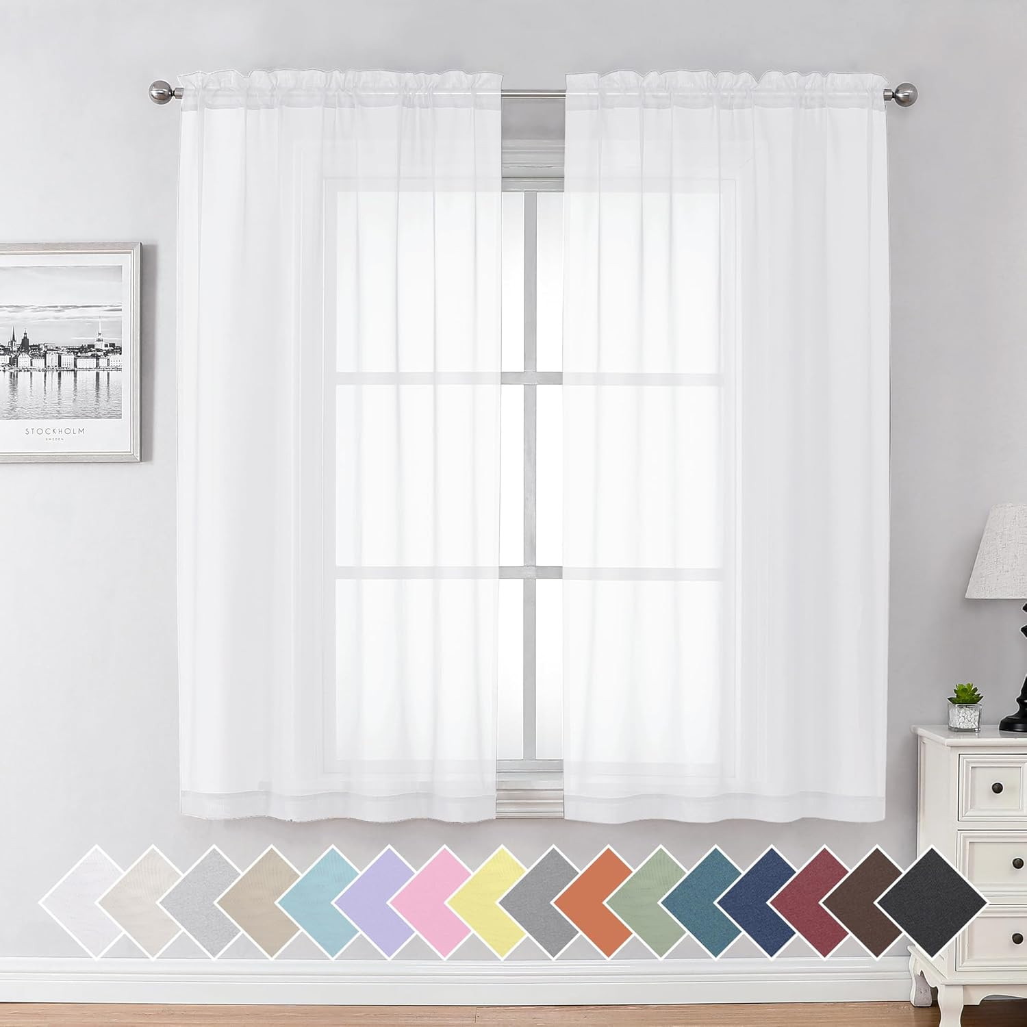 2 Piece White Sheer Curtains 63 Inch Length, Light Filtering Kitchen Curtain for
