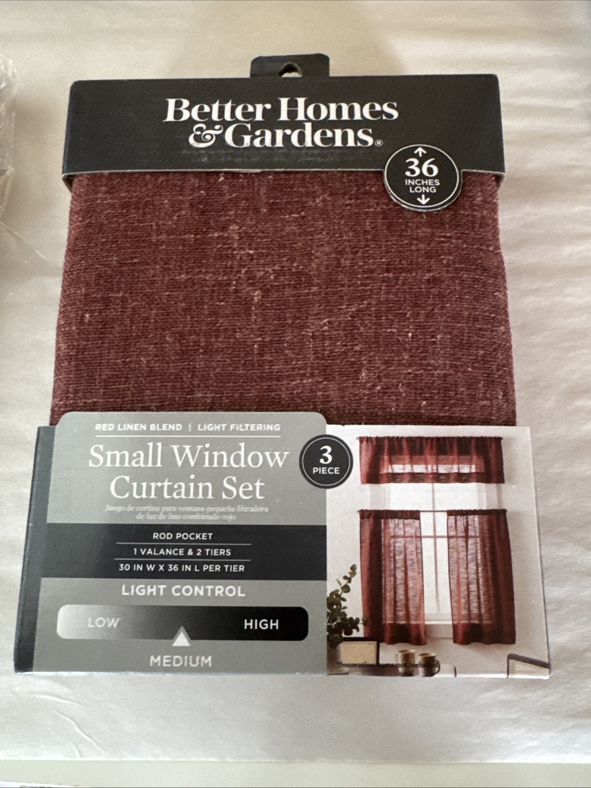 Better Homes & Gardens 3 Piece red linen blend light filtering 30″x36″ Curtain