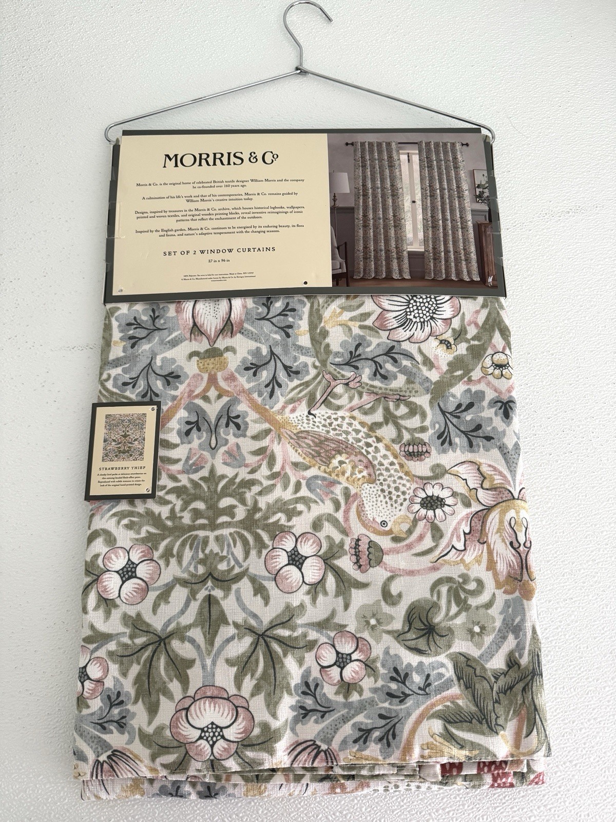 New Morris & C Window Curtains 2 Panels Darkening 37 x 96 Strawberry Thief Birds