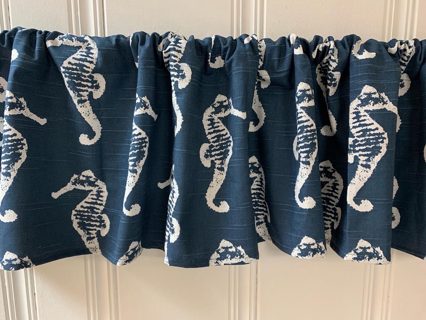 Custom CURTAIN VALANCE Nautical Seahorse Bedroom RV Beach House Curtains Coastal