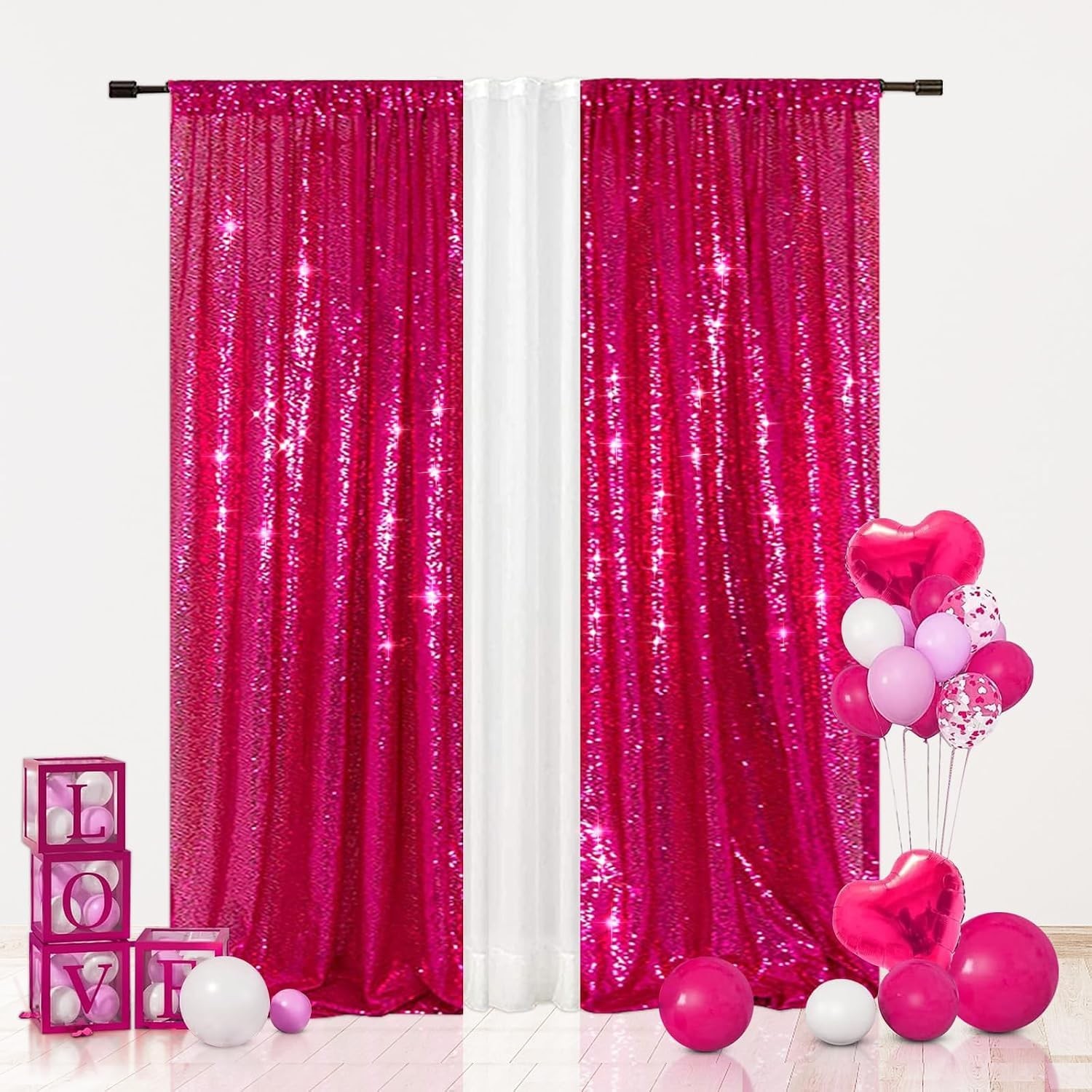 Hot Pink Shimmer Sequin Curtain Set – 2FTx8FT for Birthday, Wedding, Photography