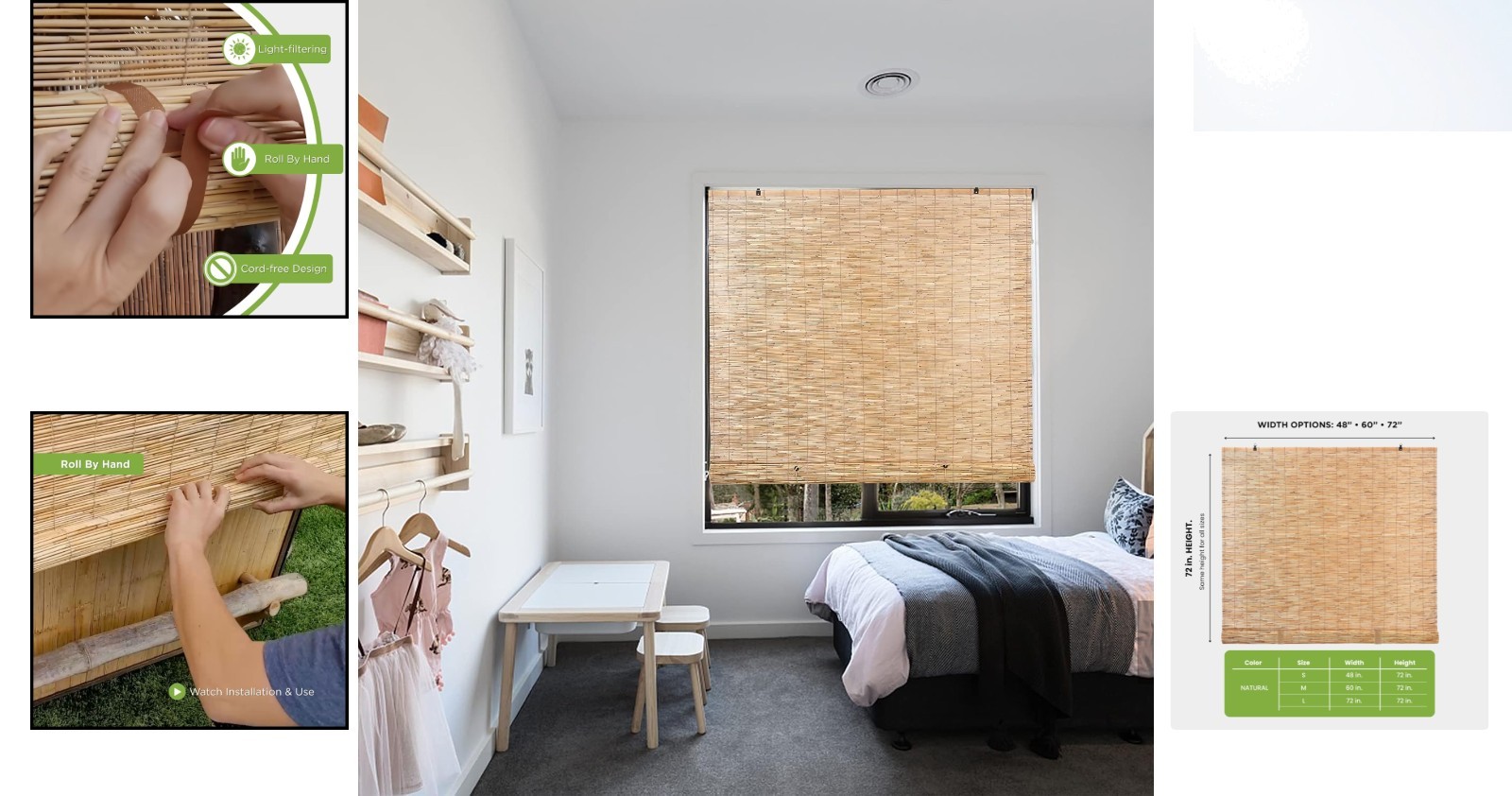 Natural Light-Filtering Bamboo Roller Shades for Windows – 48 in W x 72 in H