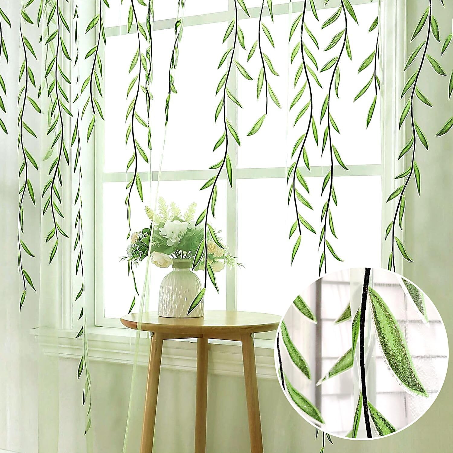 BROSHAN Green Leaf Pattern Sheer Voile Window Curtains for Kids Bedroom Living R