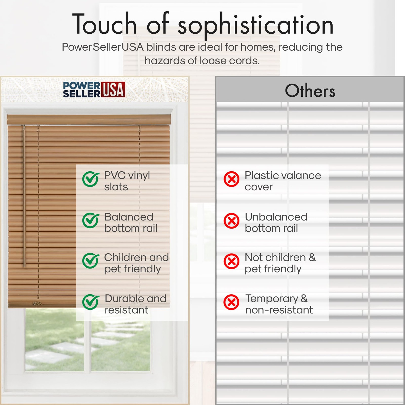 PowerSellerUSA 1″ Slats Cordless Window Blinds, 64L x 35″W x 64″H, Woodtone