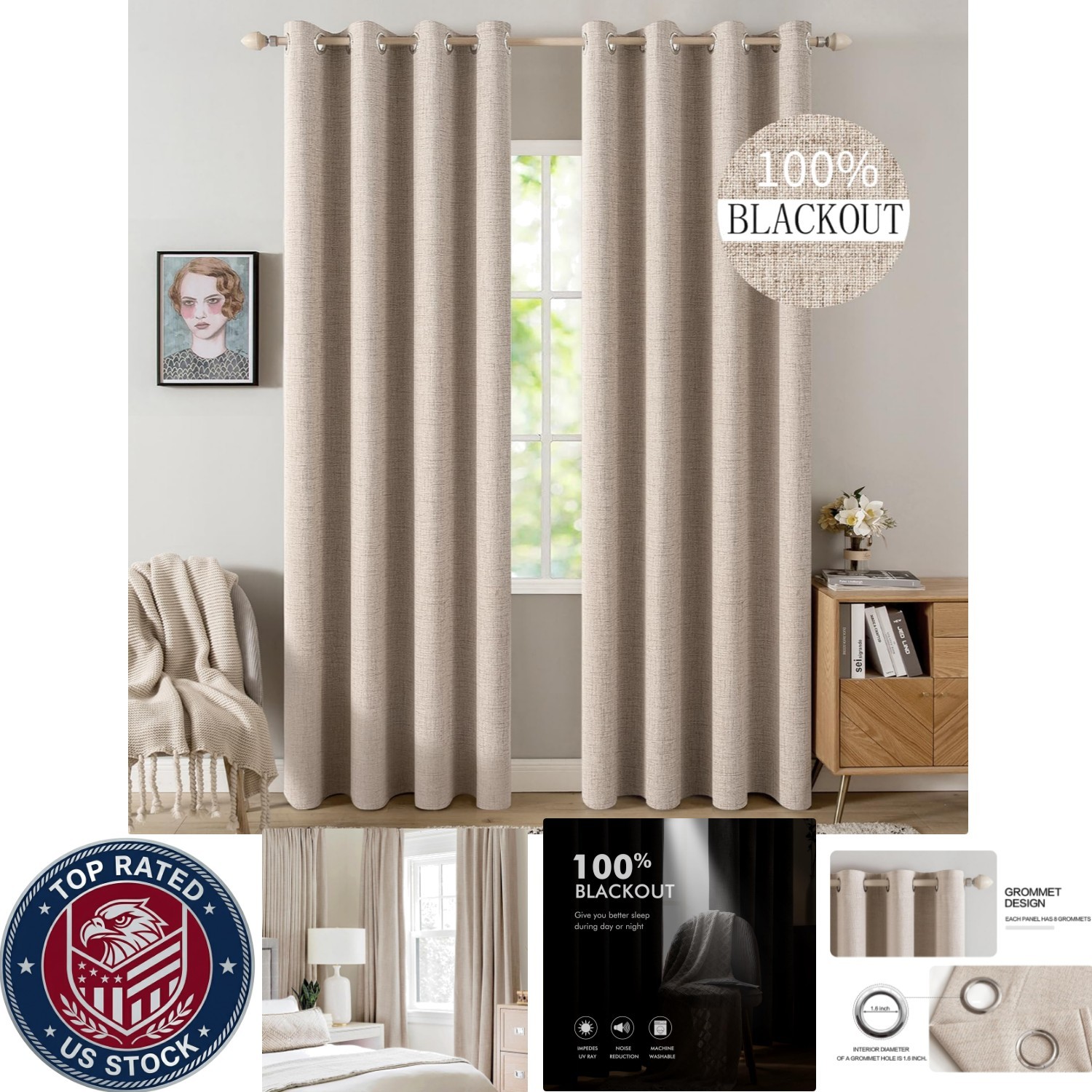 All-Season Beige Blackout Curtains – Stylish Grommet Drapes for Living Spaces