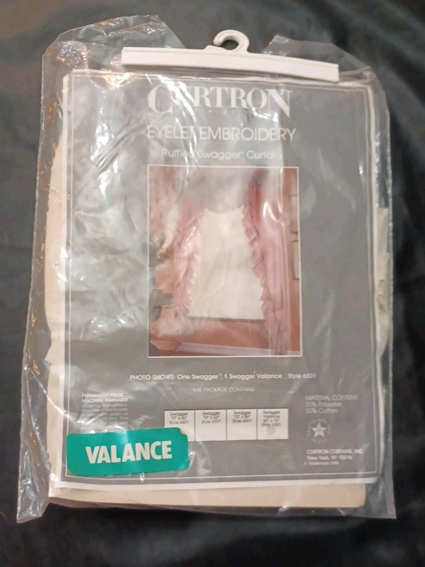 Vintage NOS Ruffled Swagger Curtain Valance 60″ X 18″ Cream Eyelet Curtron