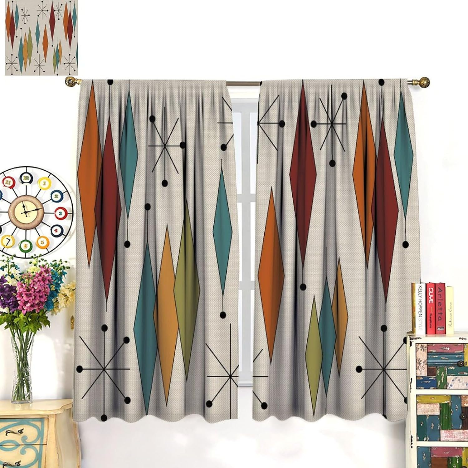 Abstract Geometric Modern Curtains Mid Century Art Colorful Orange Blue Green Wi