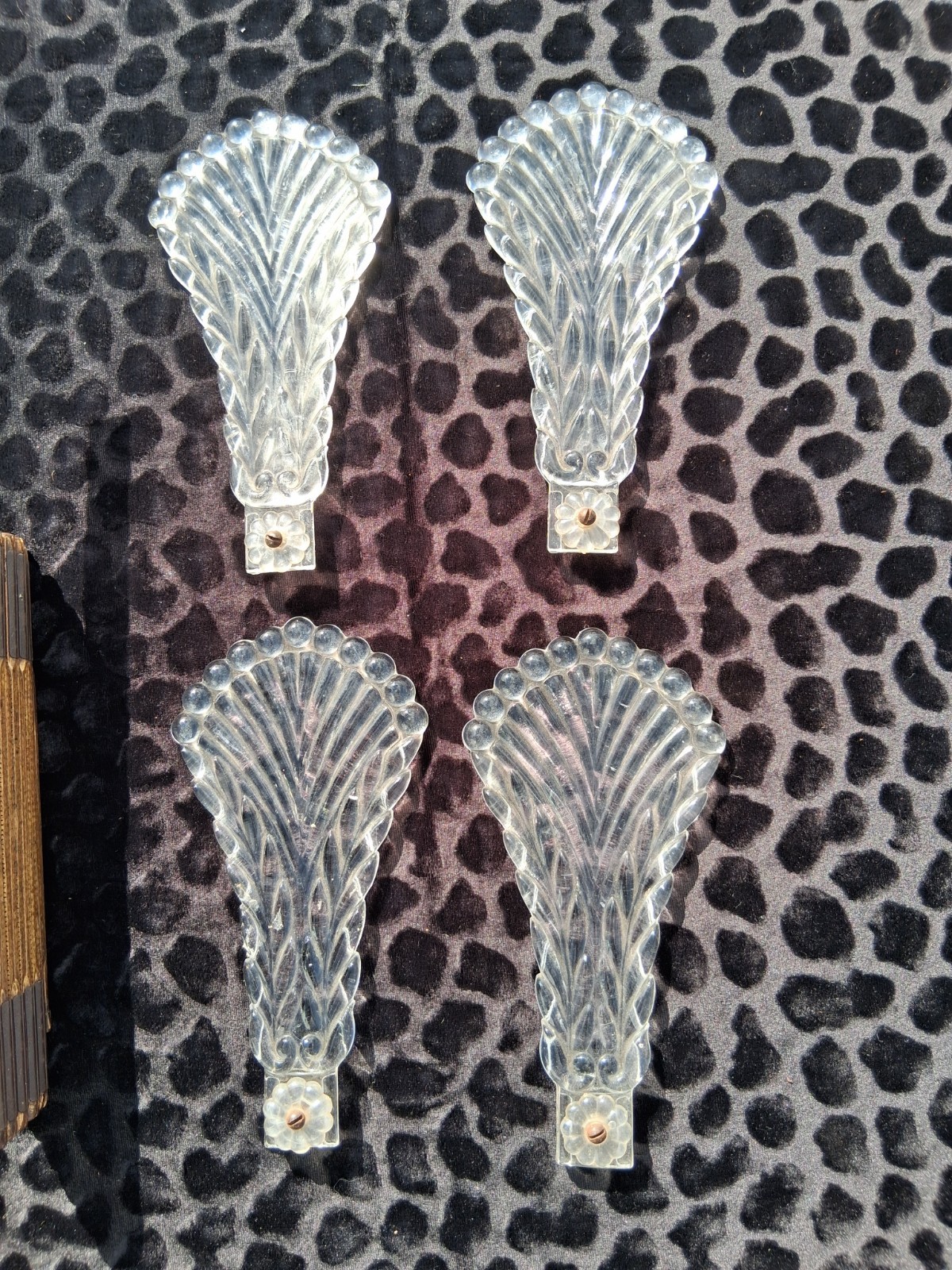 4 BEADED FAN SHAPE DRAPERY TIE BACKS CLEAR 7 3/8″ X 3 1/2″ ART DECO ERA