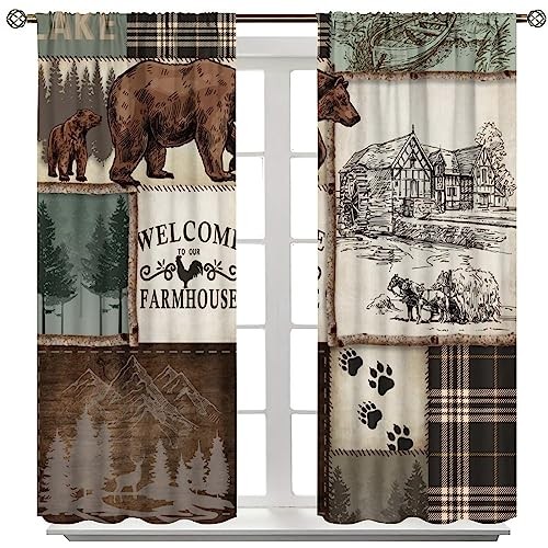 Farmhouse Bear Deer Curtains, Rustic 20.5″W x 45″L (Pack of 2) Retro Style-1