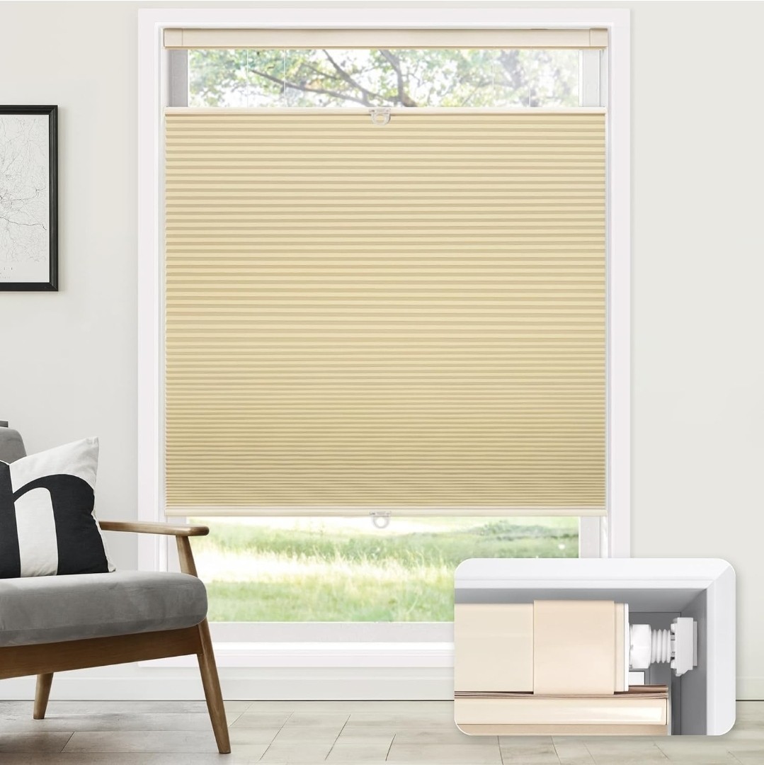 LazBlinds Beige HoneyComb Cordless Light Blocking Blinds, 35″W x 64″H – No Tools