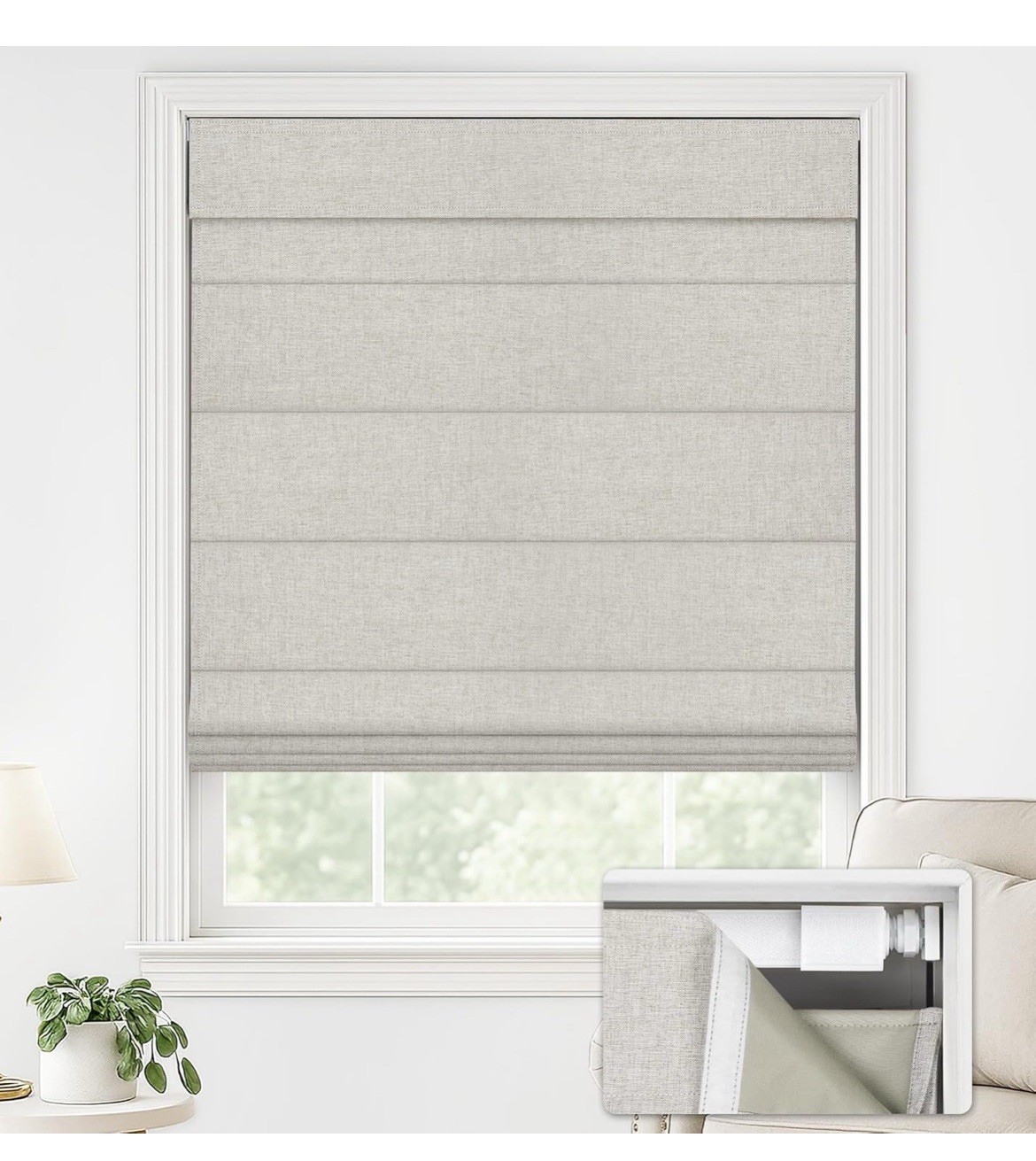 Faux Linen Blackout Cordless Roman Shade Beige Window Frame Mounted Privacy UV