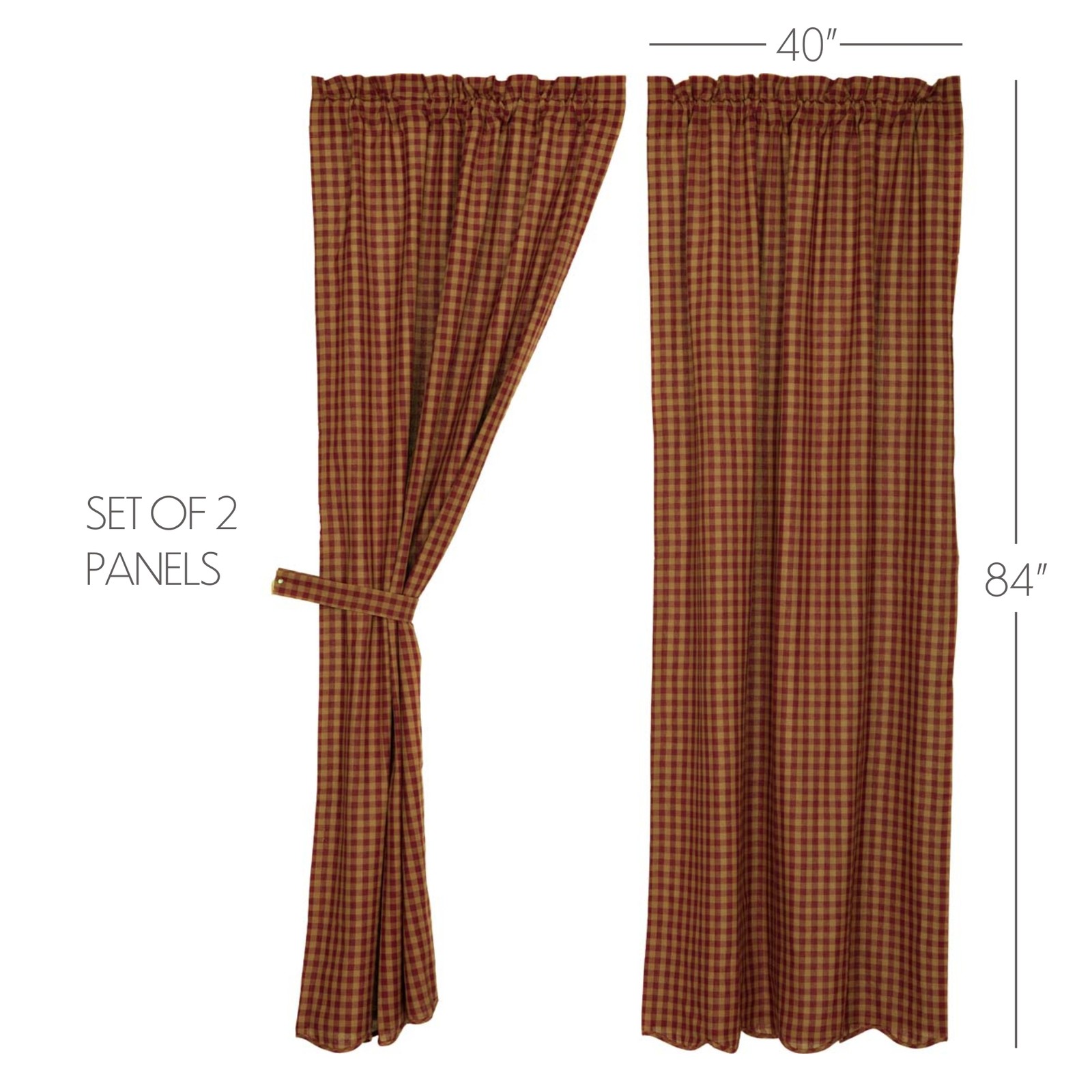 Primitive 84″x40″ Panel Pair Red Rod Pocket Burgundy Window Curtains VHC Brands