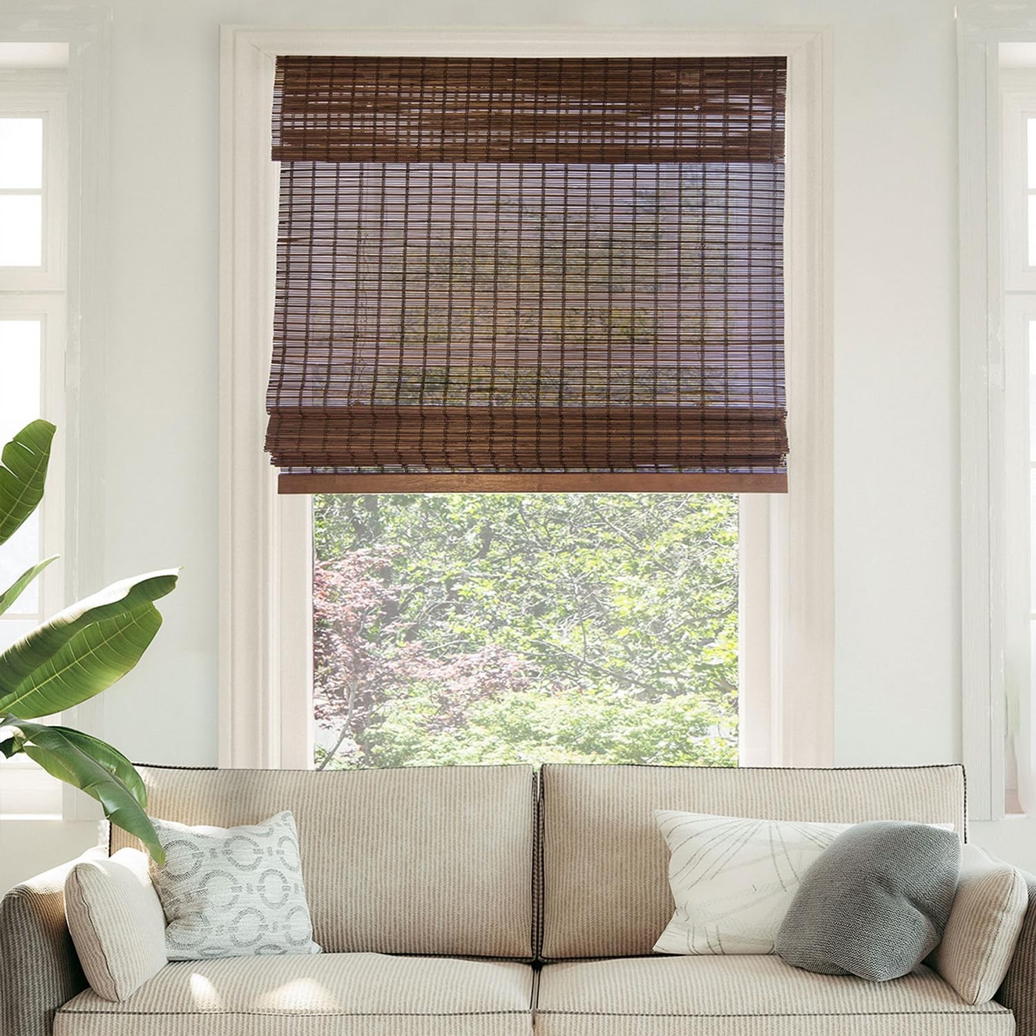 CHICOLOGY Bamboo Roman Shades Light Filtering Blinds for Window 39″W x 64″H Buff