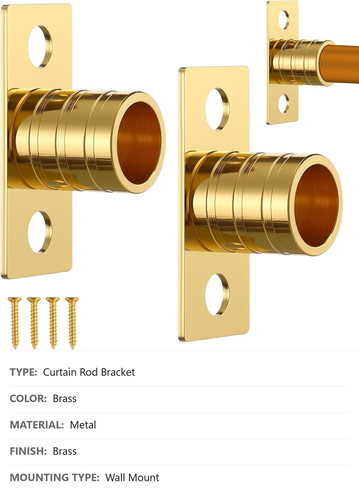 Inside Mount Curtain Rod Bracket Set, 2 Pc, 3/8″, Brass, with Screws
