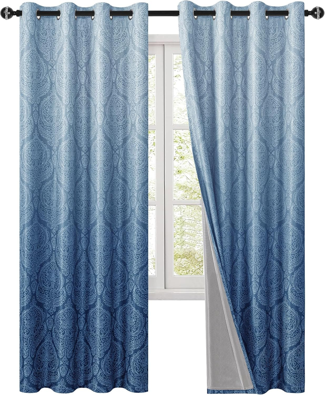 Navy Blue 100% Blackout Curtains 96″ Ombre Thermal Insulated Grommet Drapes