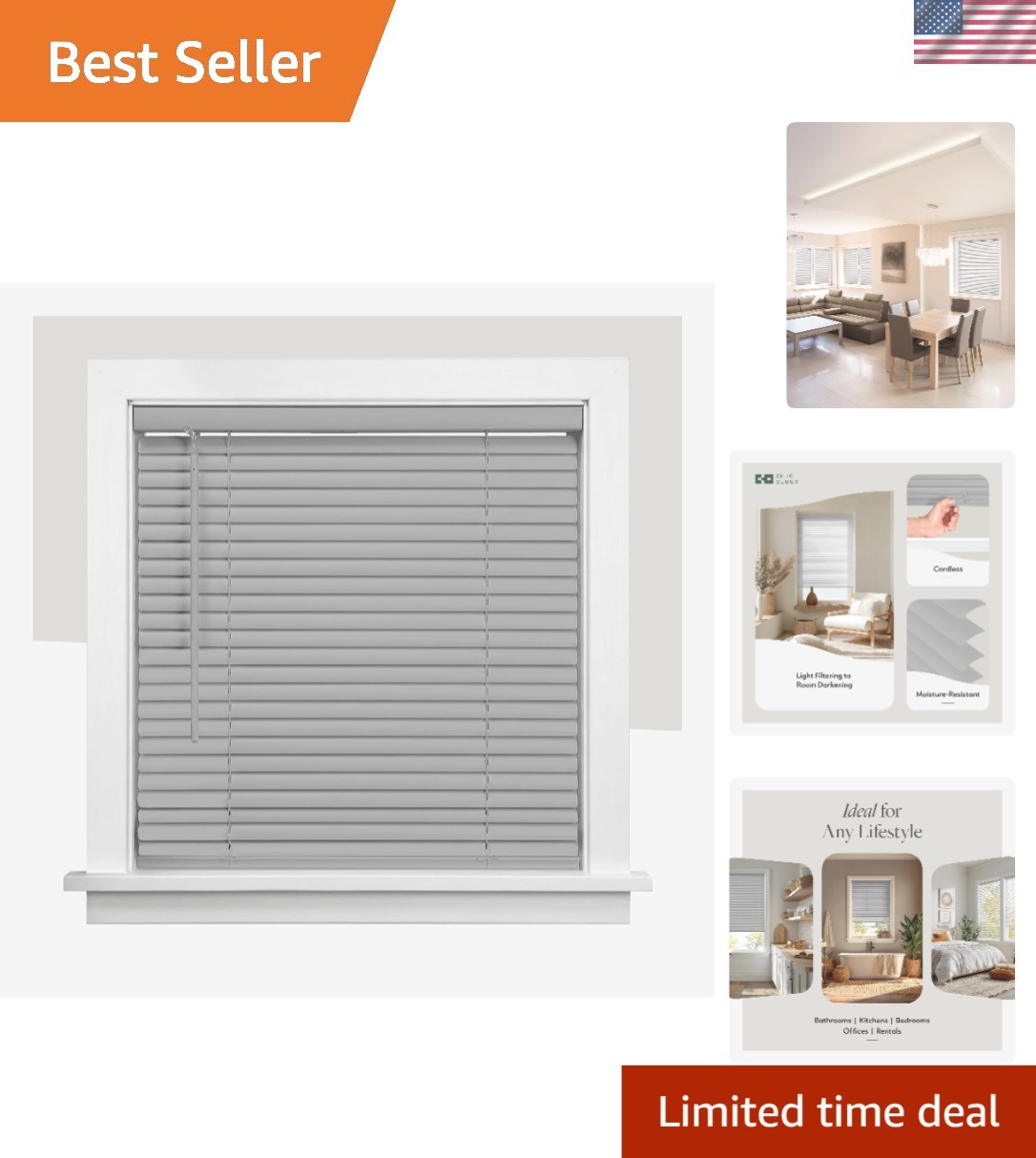Elegant Child-Safe Cordless Mini Blinds, 12″ W x 48″ H, Gray Vinyl Slats