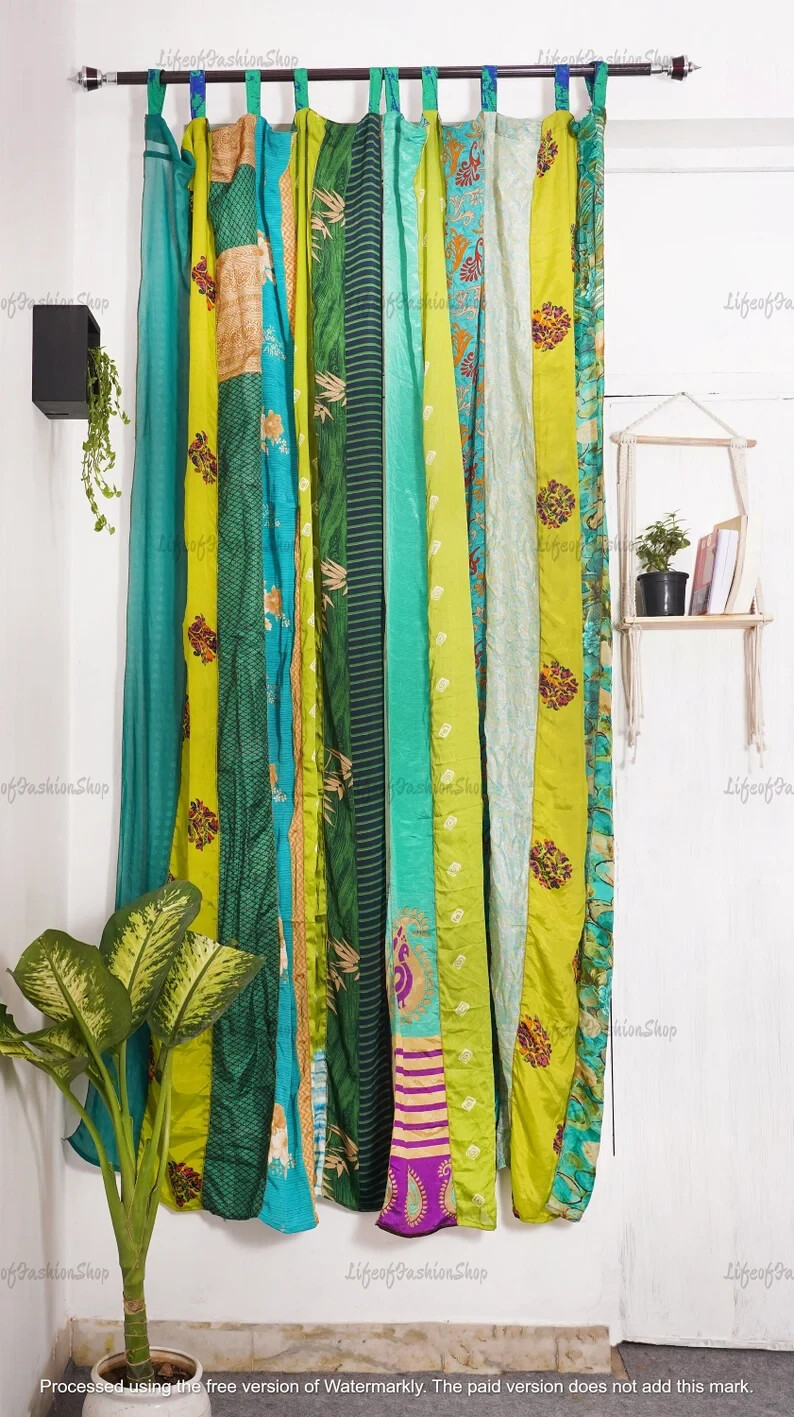 2 Pc Indian Old Recycle Silk Saree Boho Multi Curtain Door Drape Decor Curtain