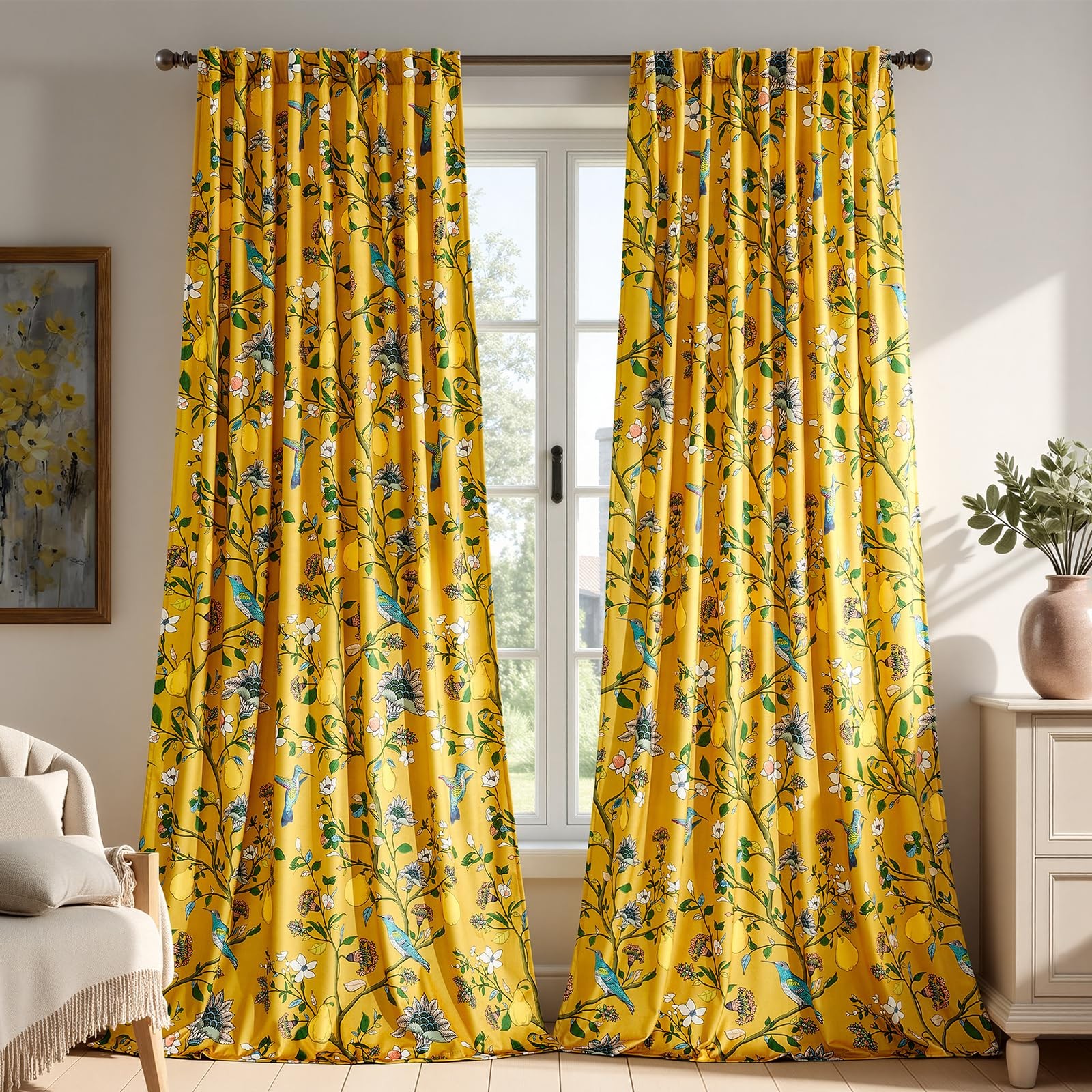 Mustard Yellow Luxury Velvet Floral Curtains 84 inches for Living Room,Vintag…