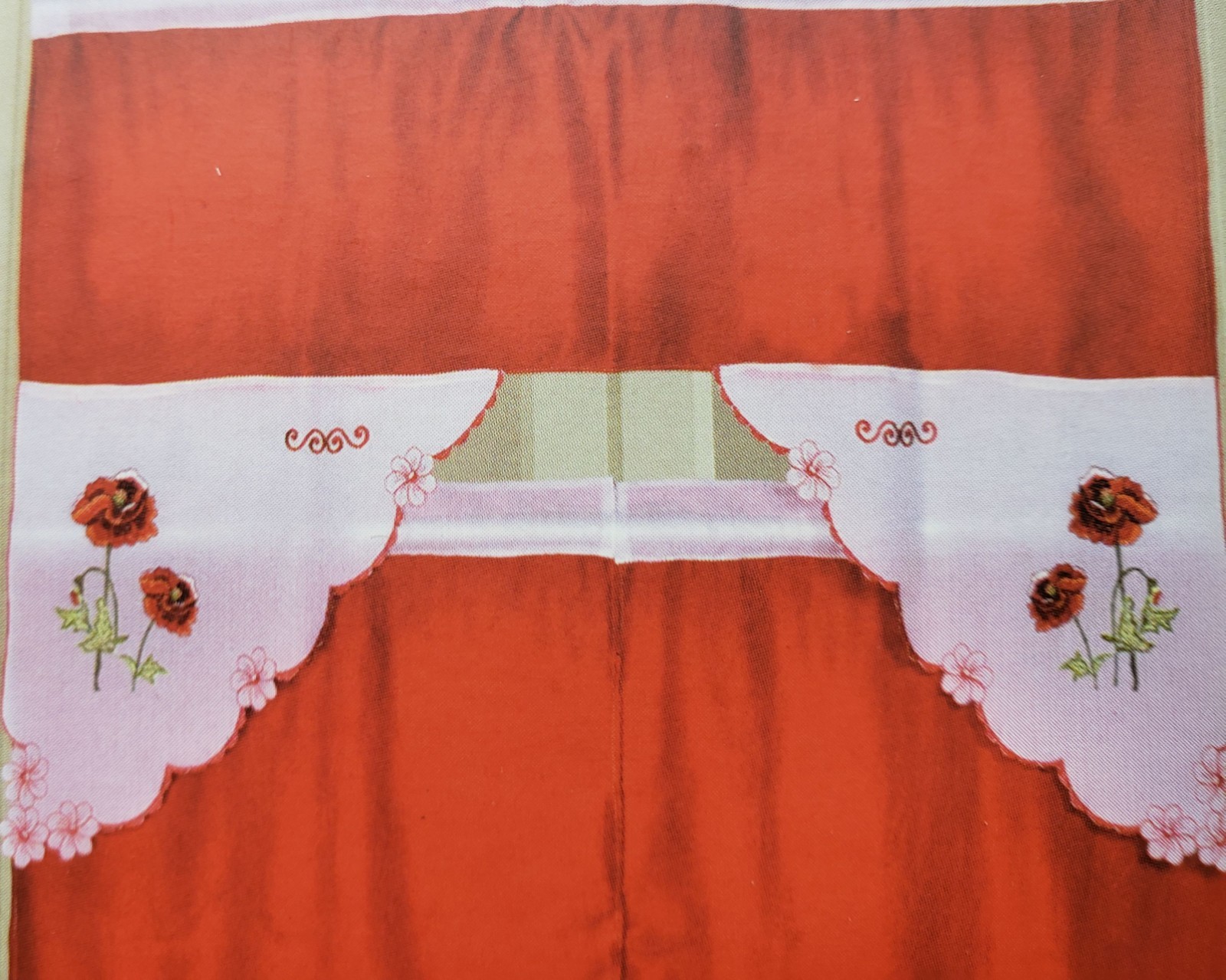 3pc. Embroidery Curtains Set: 2 Tiers & Swag(58″x36″) RED FLOWERS,DHALIA, Editex