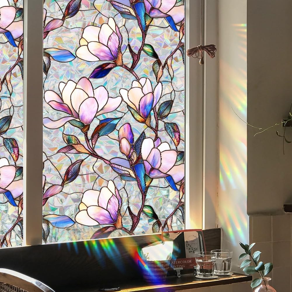 Flower Stained Glass Window Film Decorative Static Cling Stickers Sun Blocking R