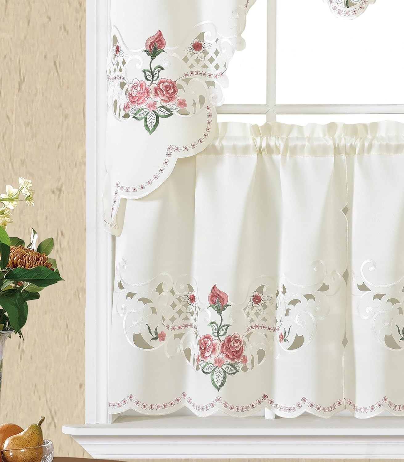 GOHD Rose Fragrance 3pcs Multi-Color Embroidery Curtain with cutworks, Swag V…