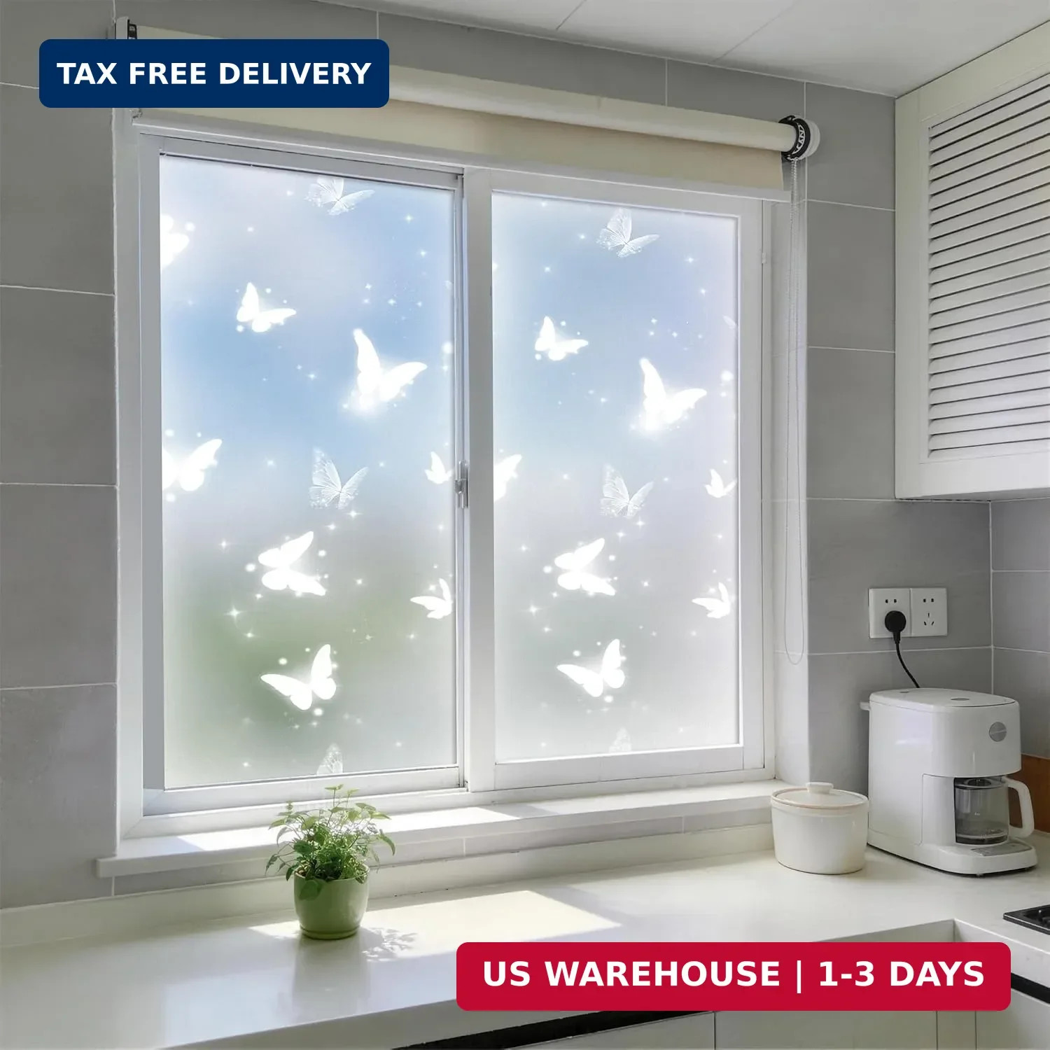 Frosted Glitter Butterfly Window Privacy Film, 78.5″ L x 17.5″ W, Decorative Sel