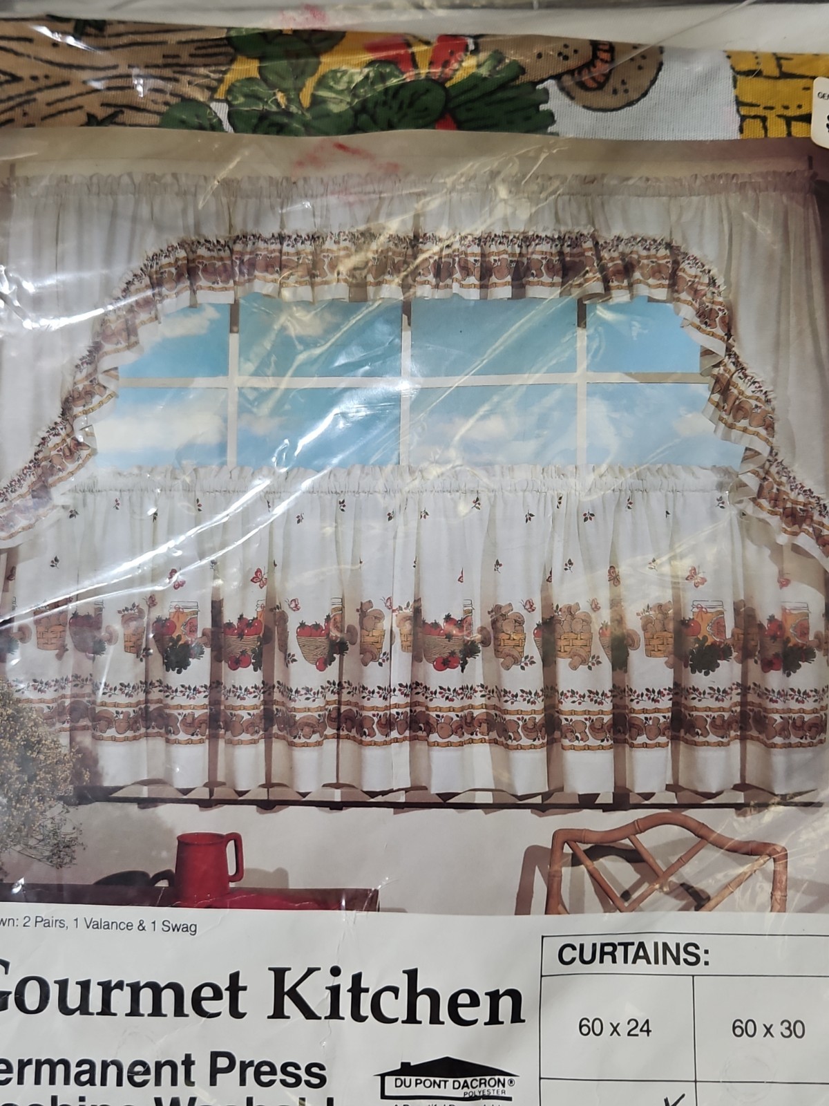 Vtg Gourment Kitchen Pocket Rod Curtain Valance & Swag 36×60 Du Pont Dacron