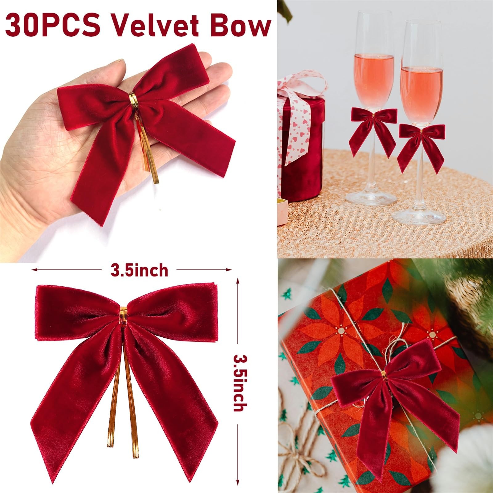 30Pcs Red Velvet Ribbon Bows Twist Tie Bows 3.5×3.5in for Christmas Tree Deco…