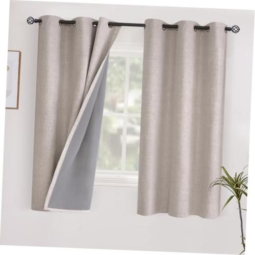 Linen Short Blackout Curtains for Bedroom 42″W x 40″L (Pack of 2) Beige