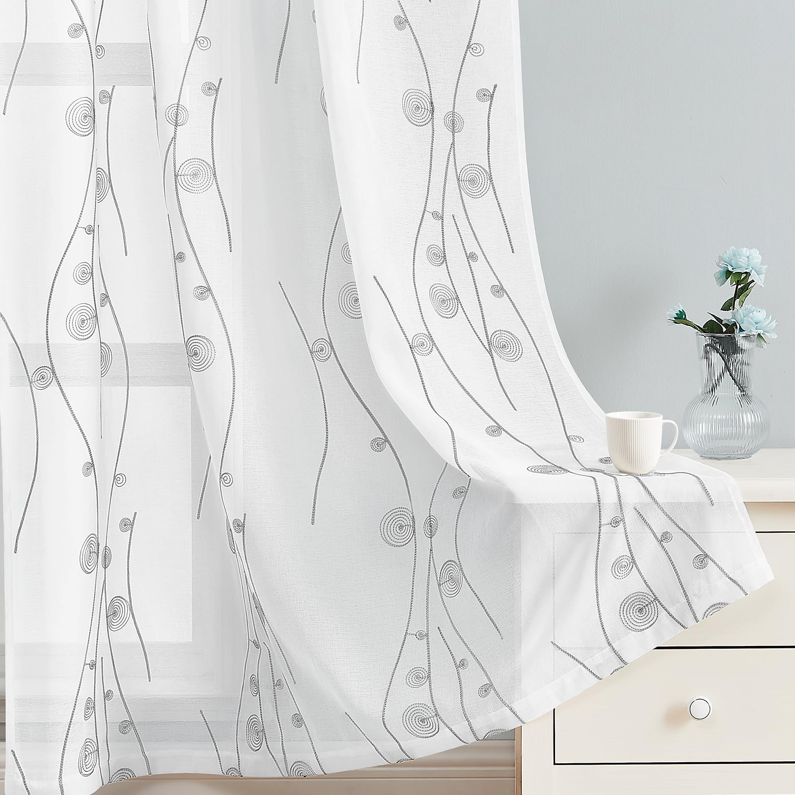 Grey and White Sheer Curtains 52 X 84 Inches Length 2 Panels Embroidered Wave…