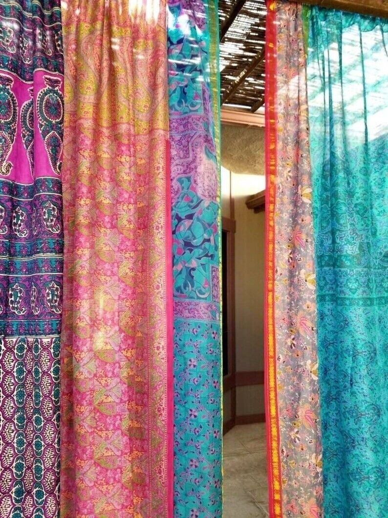 2 Pcs Indian Sari Patchwork Curtain Drape Window Decor Multi Silk Hippie Curtain