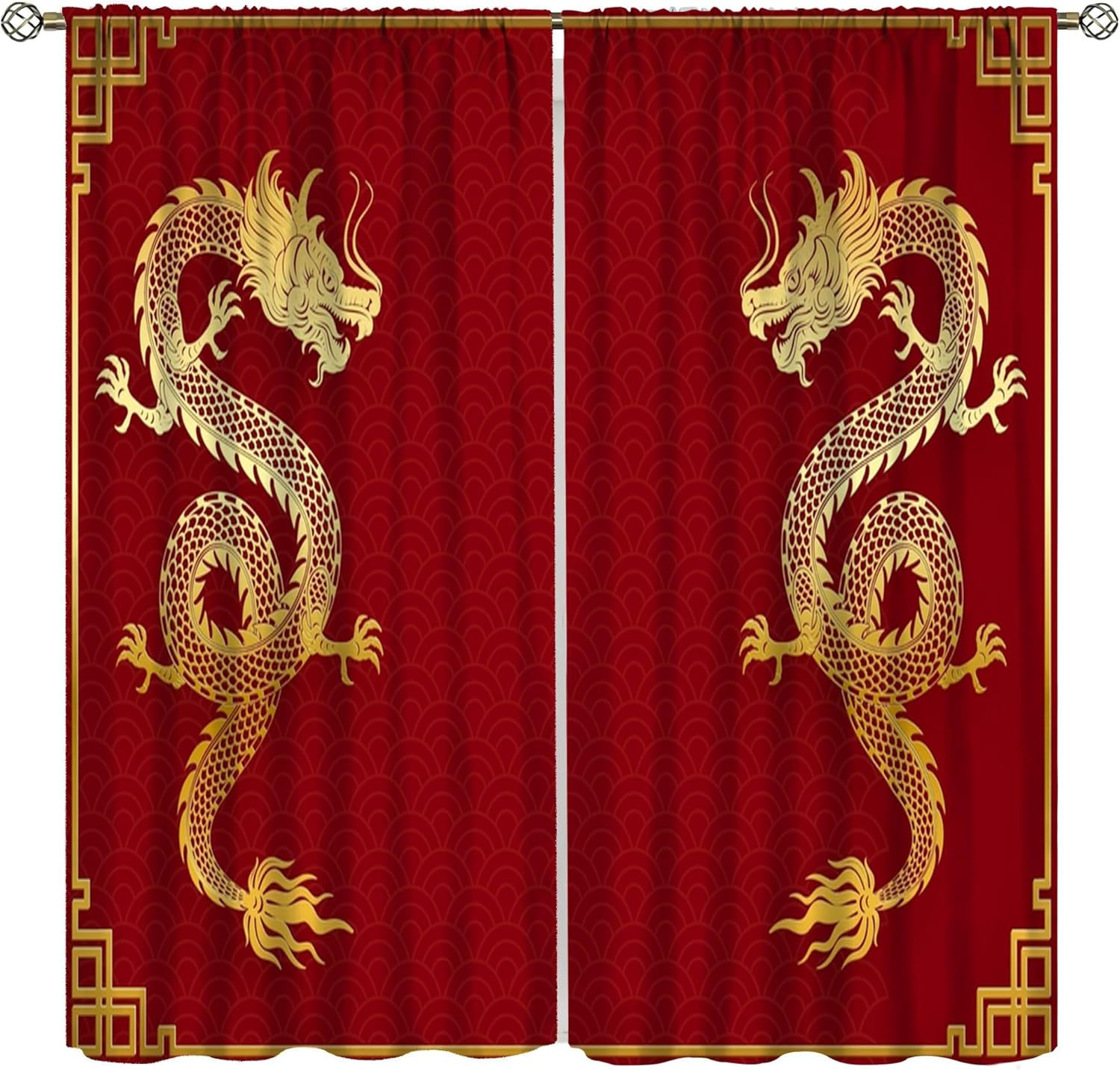 Chinese Dragon Curtains Red Gold Asian Traditional Mythical Animal Holiday Decor