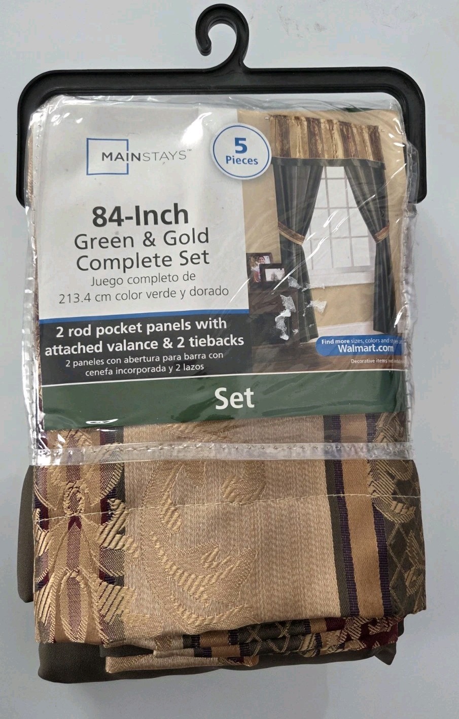 NEW Mainstays 5 Piece Rod Pocket Curtains Set 84 in. Green & Gold Panels Valance