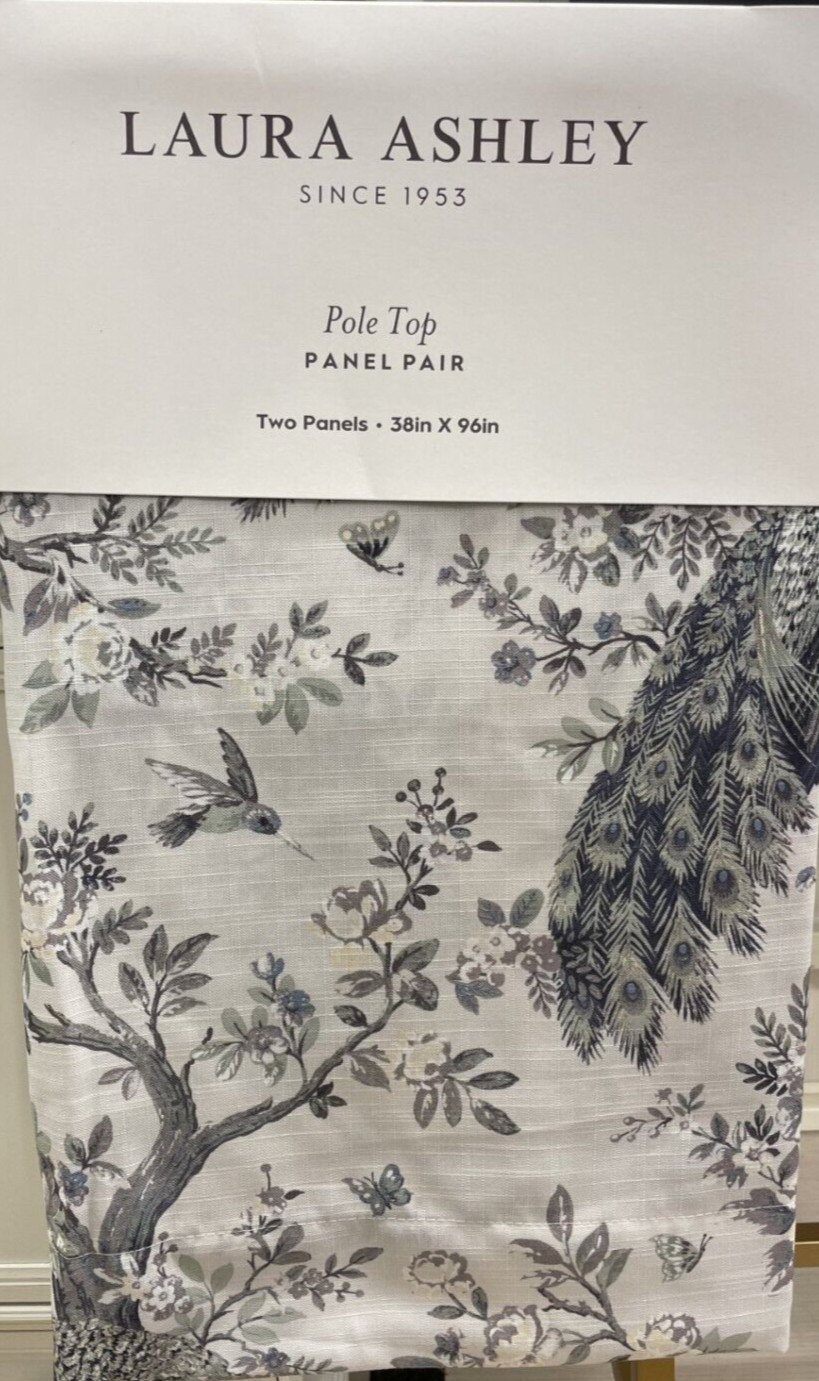 New Laura Ashley Belvedere Peacock Drapes Curtains 38 x 96 Set of 2 ~Navy~Blue~