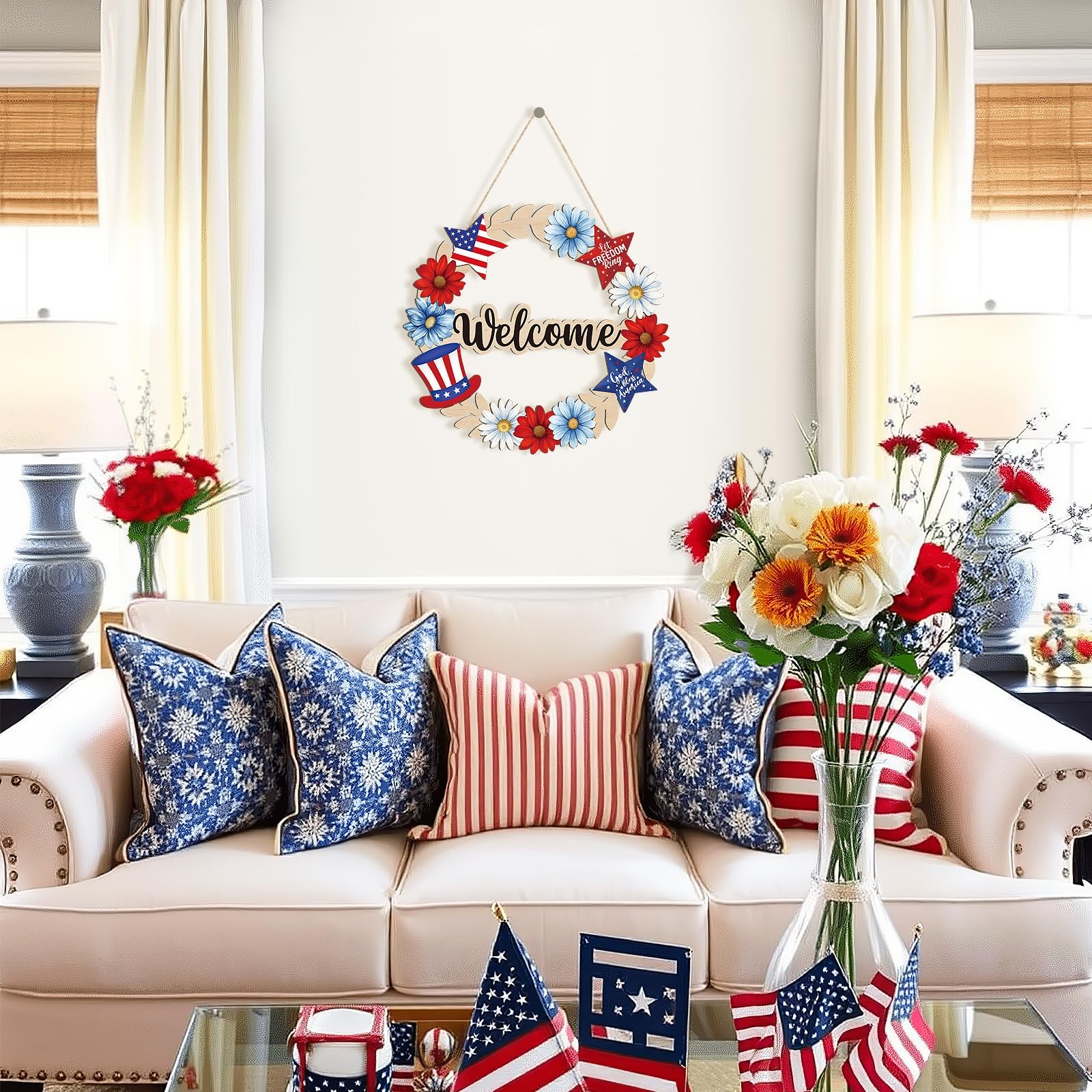 Wooden 4th of July Decoration Door Wreath for Front Door Sign Star Wall Signs,In
