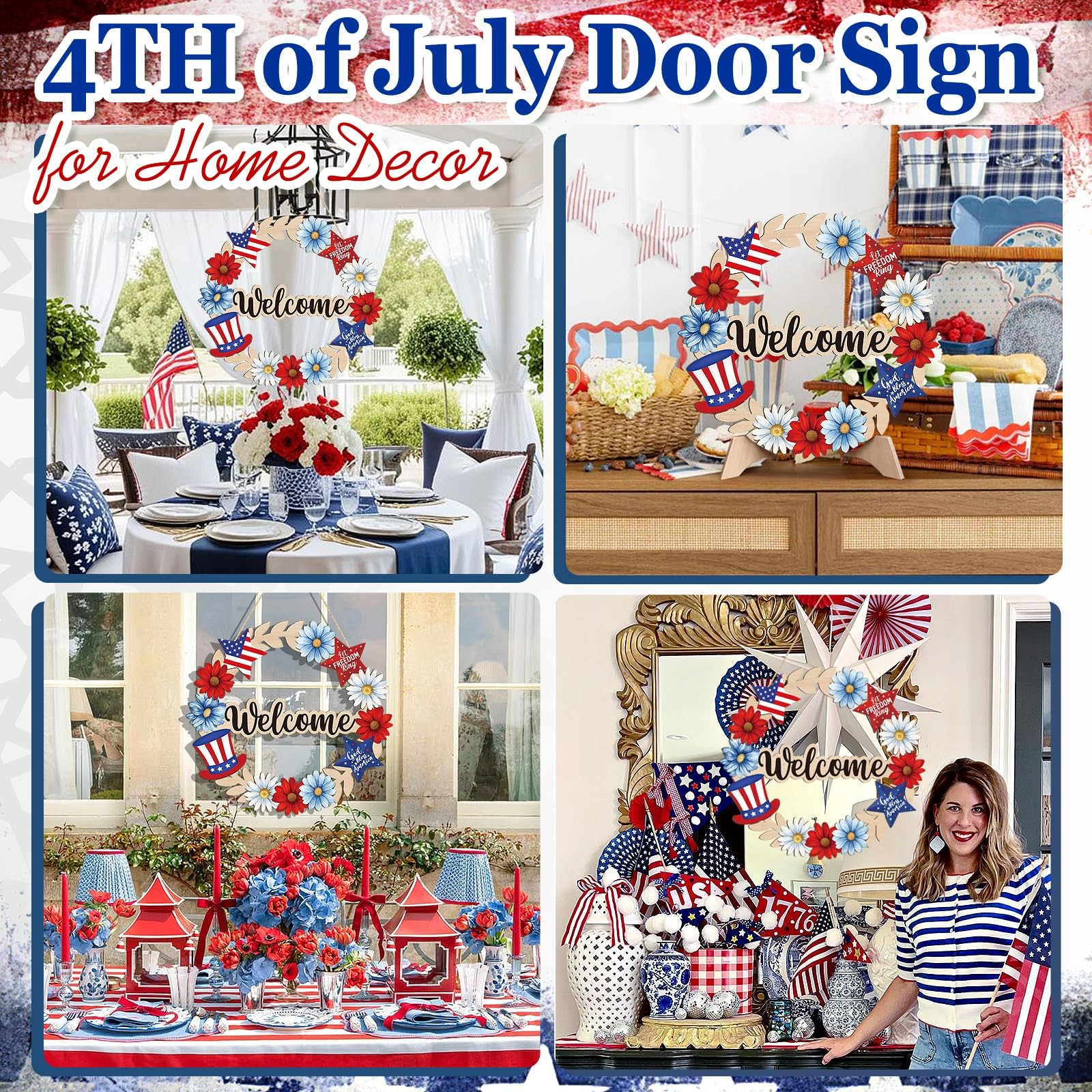 Wooden 4th of July Decoration Door Wreath for Front Door Sign Star Wall Signs,In