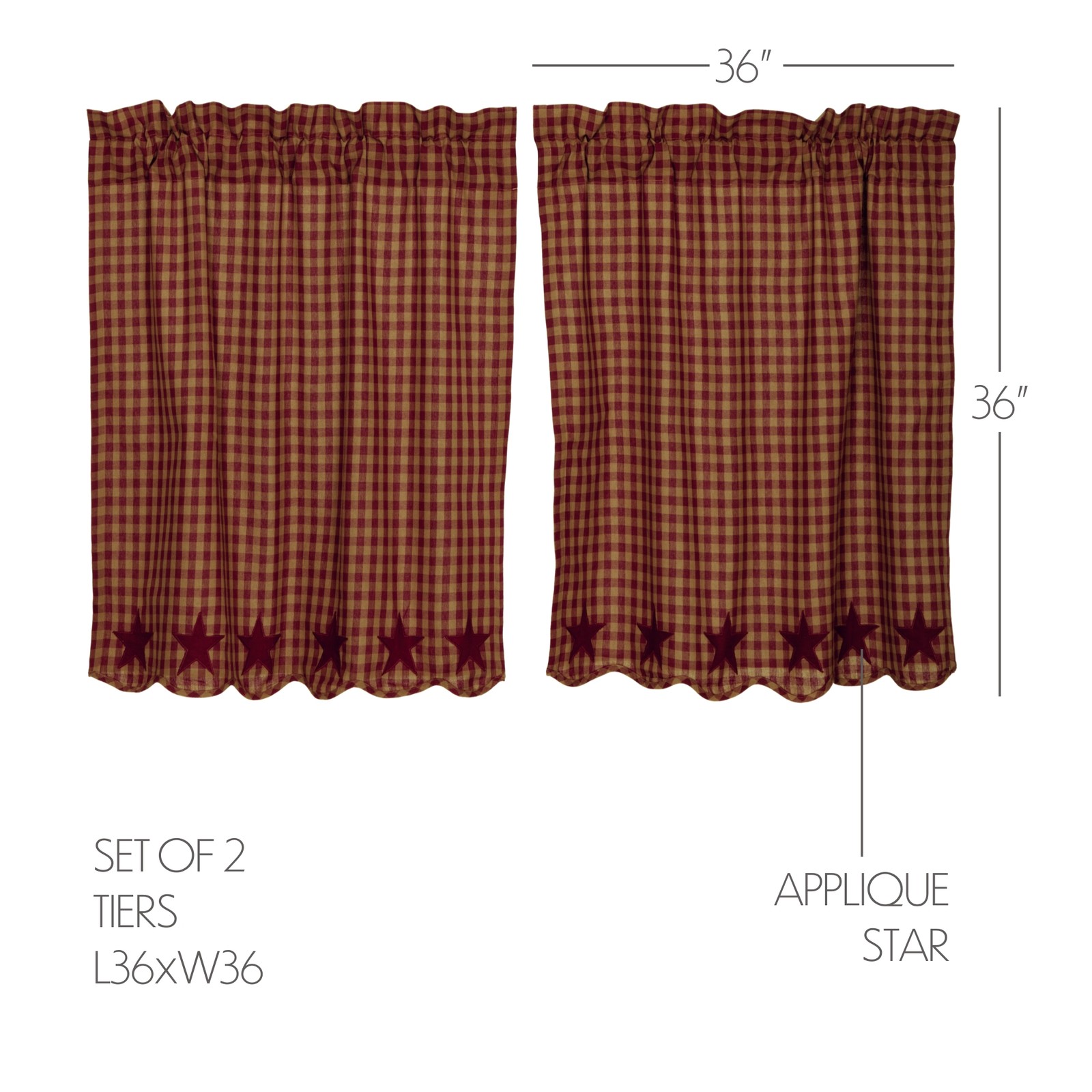 Primitive 36″x36″ Tier Pair Red Rod Pocket Kitchen Window Curtains VHC Brands