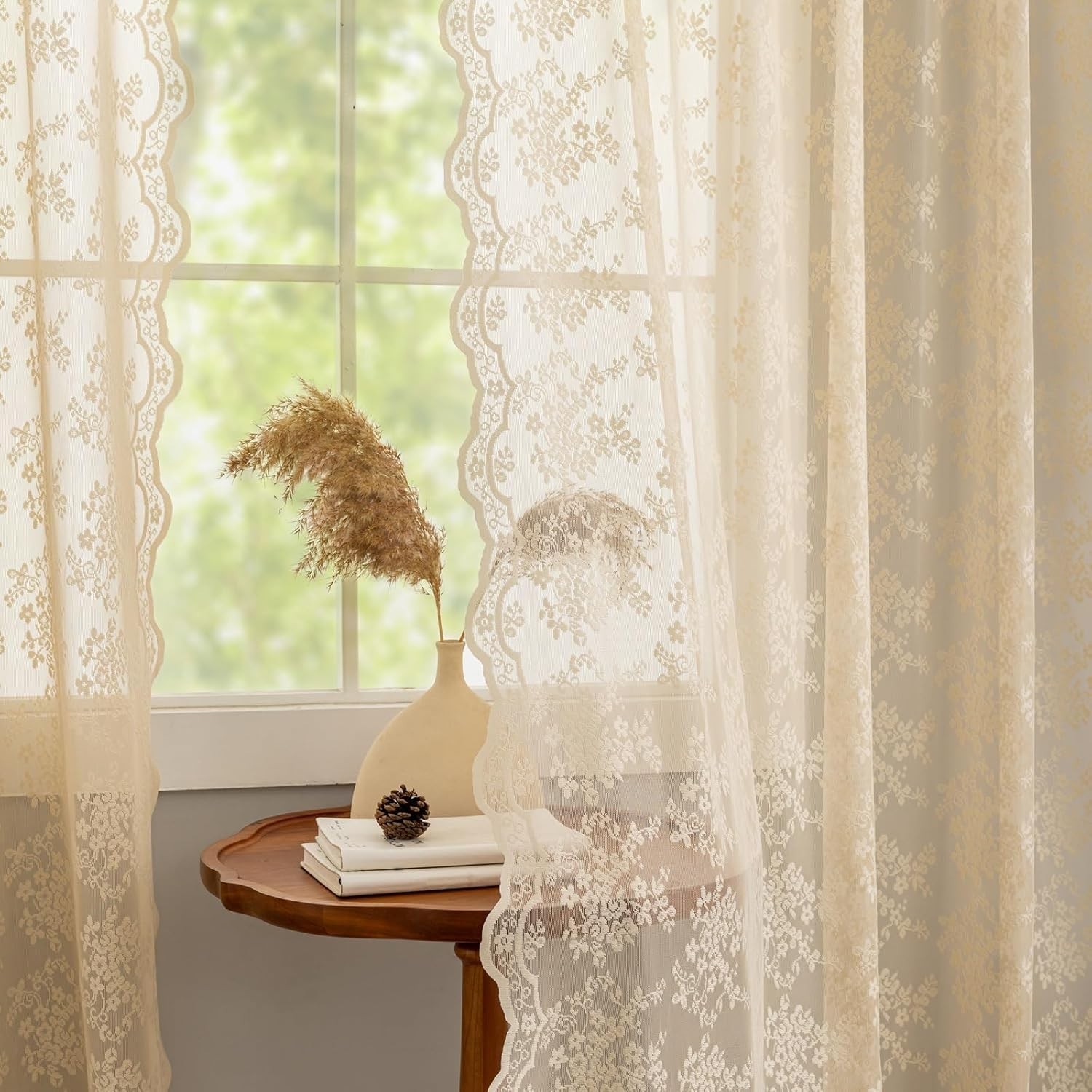 Vintage Lace Sheer Curtains Floral Branch Rod Pocket 52×84 Inch Ivory for French