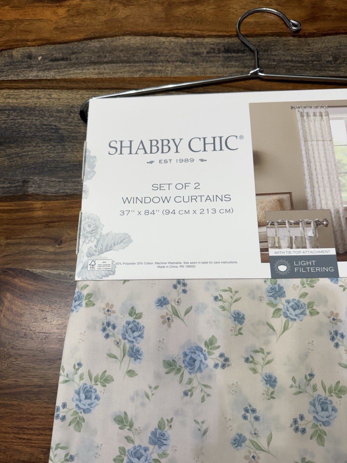 Shabby Chic Set Of 2 Floral Window Curtains Blue Rose Light Filtering 37”x84”