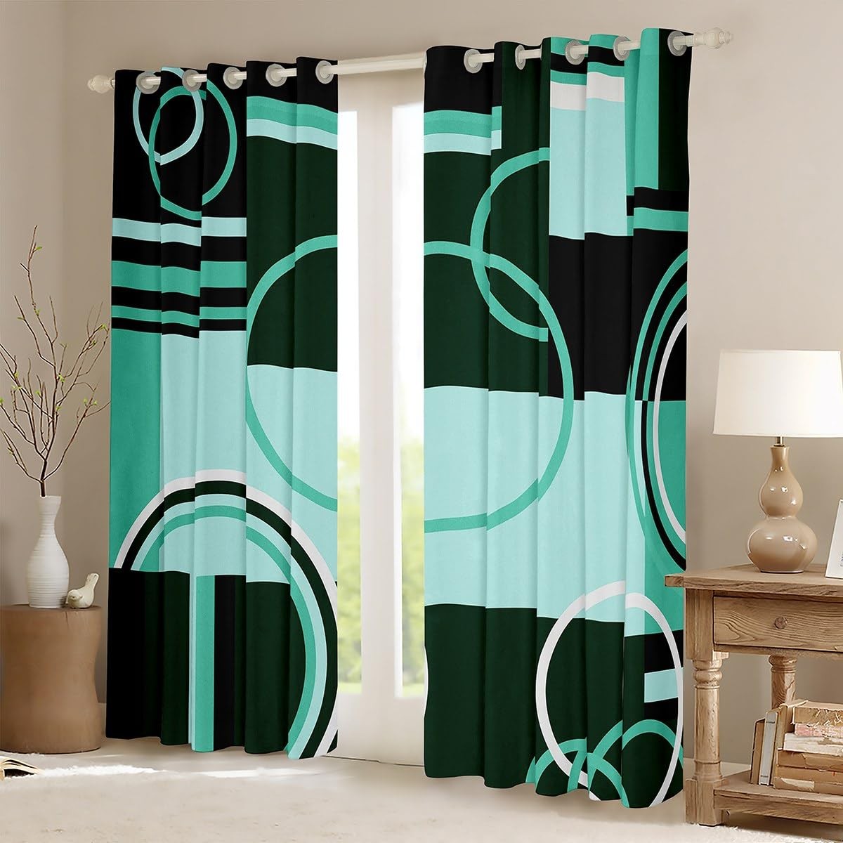 Retro Green Grey Black 100% Blackout Curtains & Drapes 84″ Wx90 L Swirls Grom…