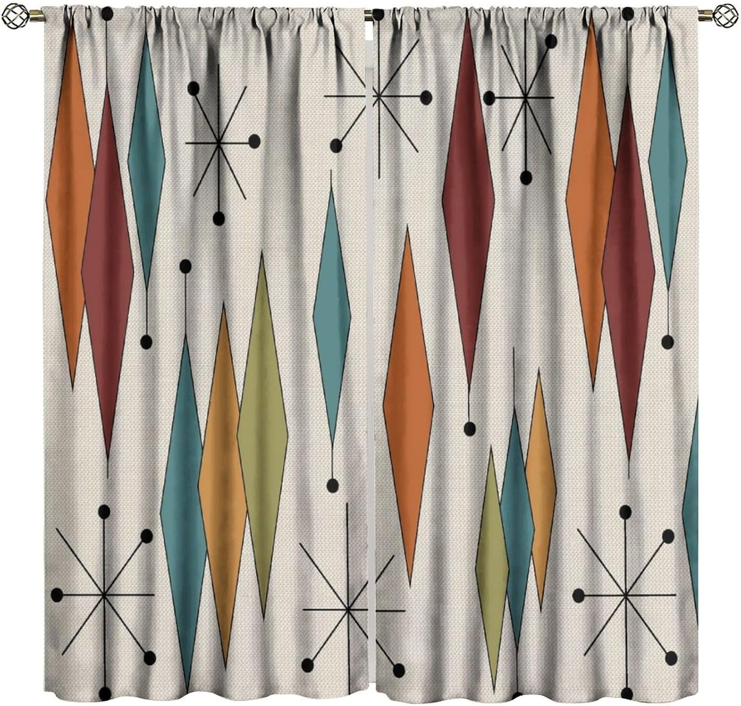 Abstract Geometric Modern Curtains Mid Century Art Colorful Orange Blue Green Wi